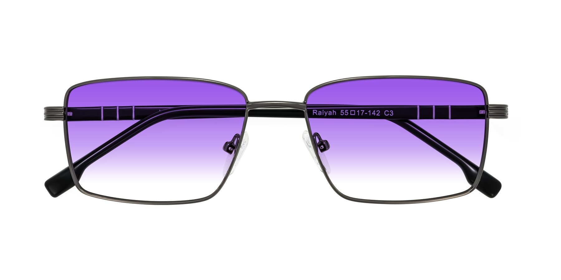 Folded Front of Raiyah in Gunmetal/Black with Purple Gradient Lenses