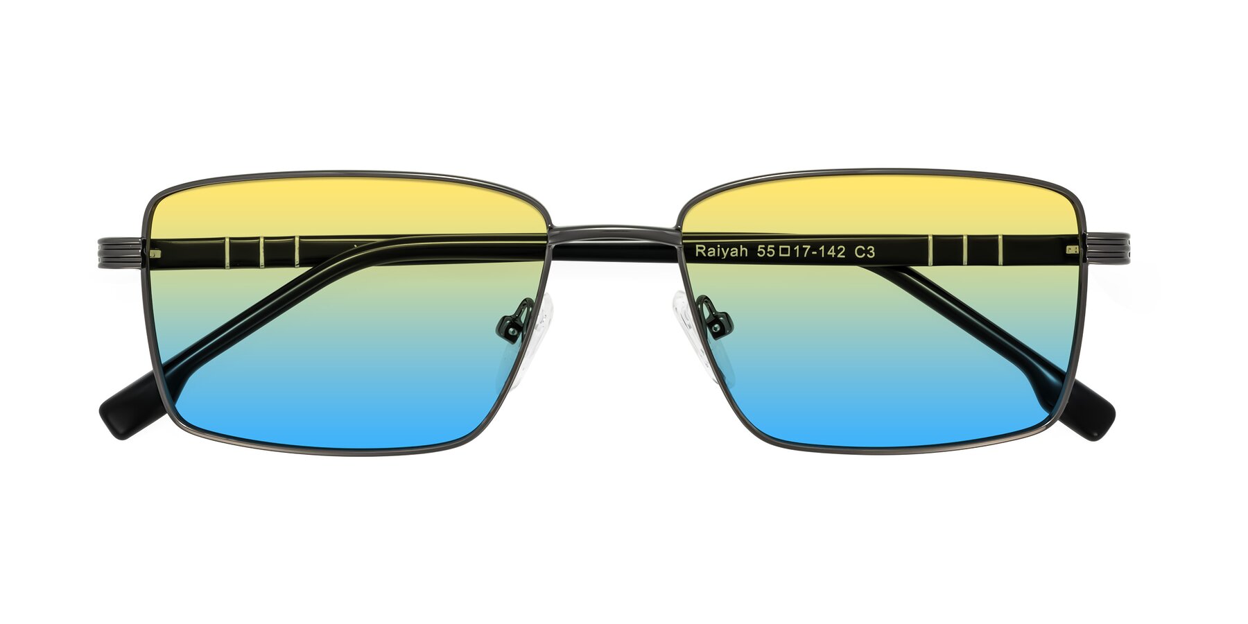 Folded Front of Raiyah in Gunmetal/Black with Yellow / Blue Gradient Lenses