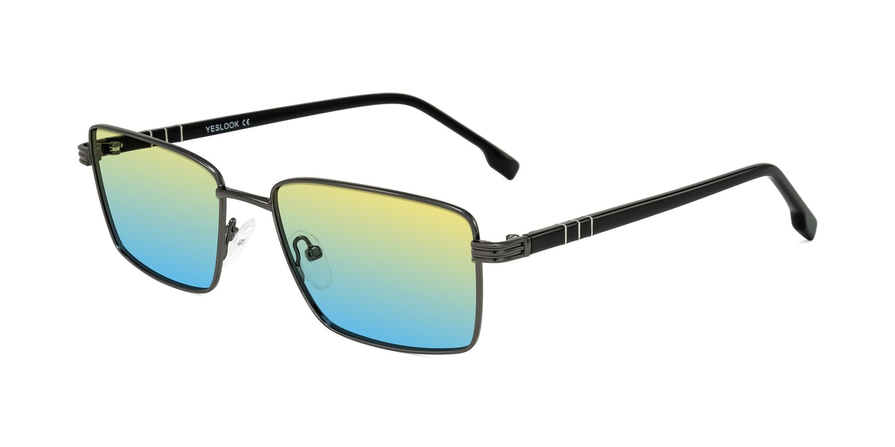 Angle of Raiyah in Gunmetal/Black with Yellow / Blue Gradient Lenses