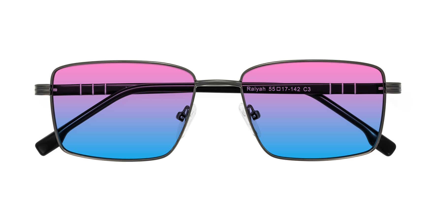 Folded Front of Raiyah in Gunmetal/Black with Pink / Blue Gradient Lenses