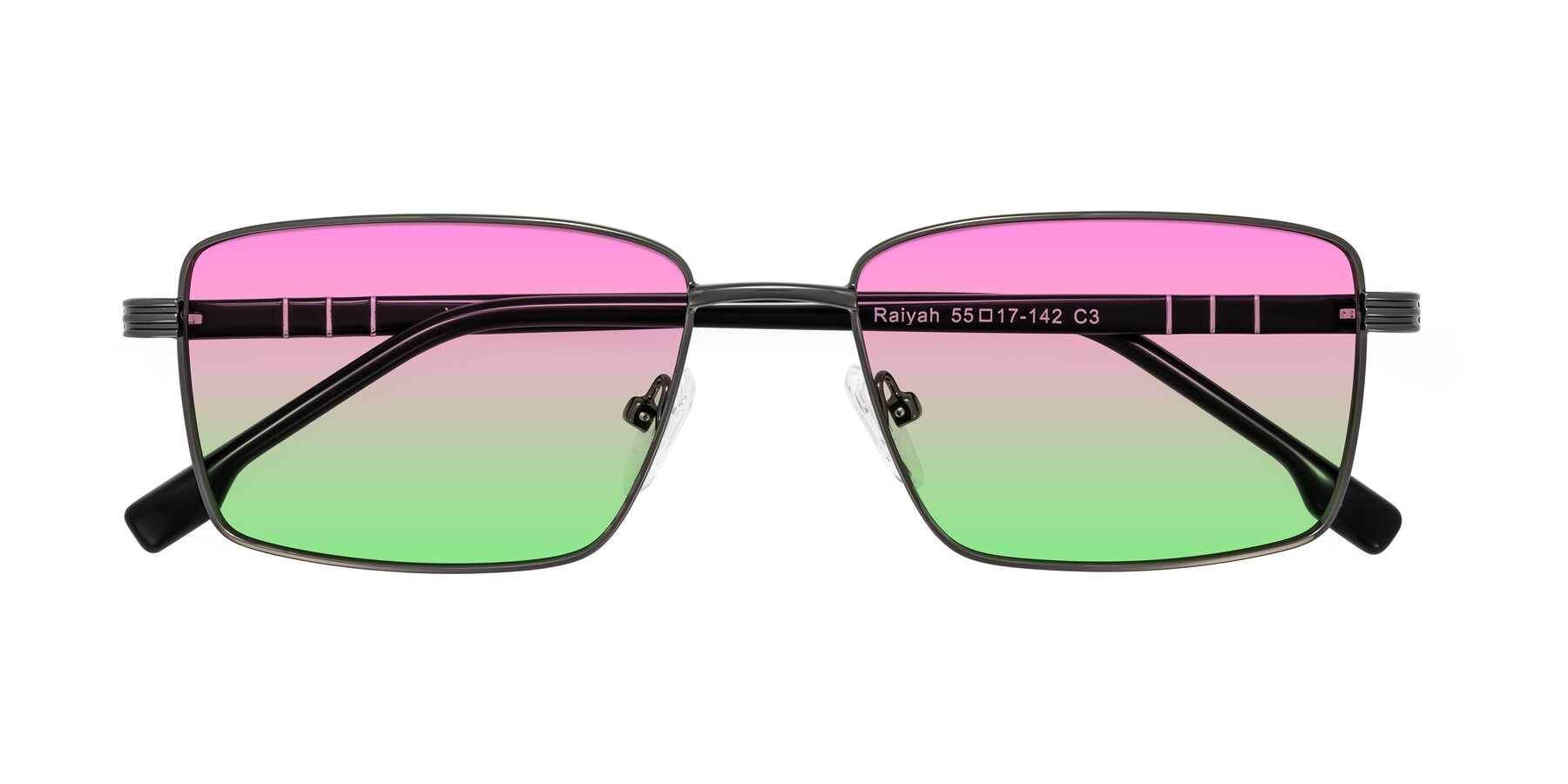 Folded Front of Raiyah in Gunmetal/Black with Pink / Green Gradient Lenses