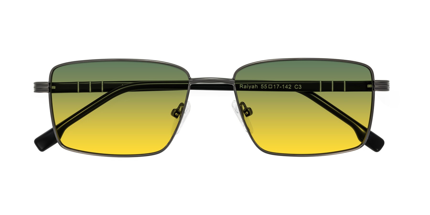 Folded Front of Raiyah in Gunmetal/Black with Green / Yellow Gradient Lenses