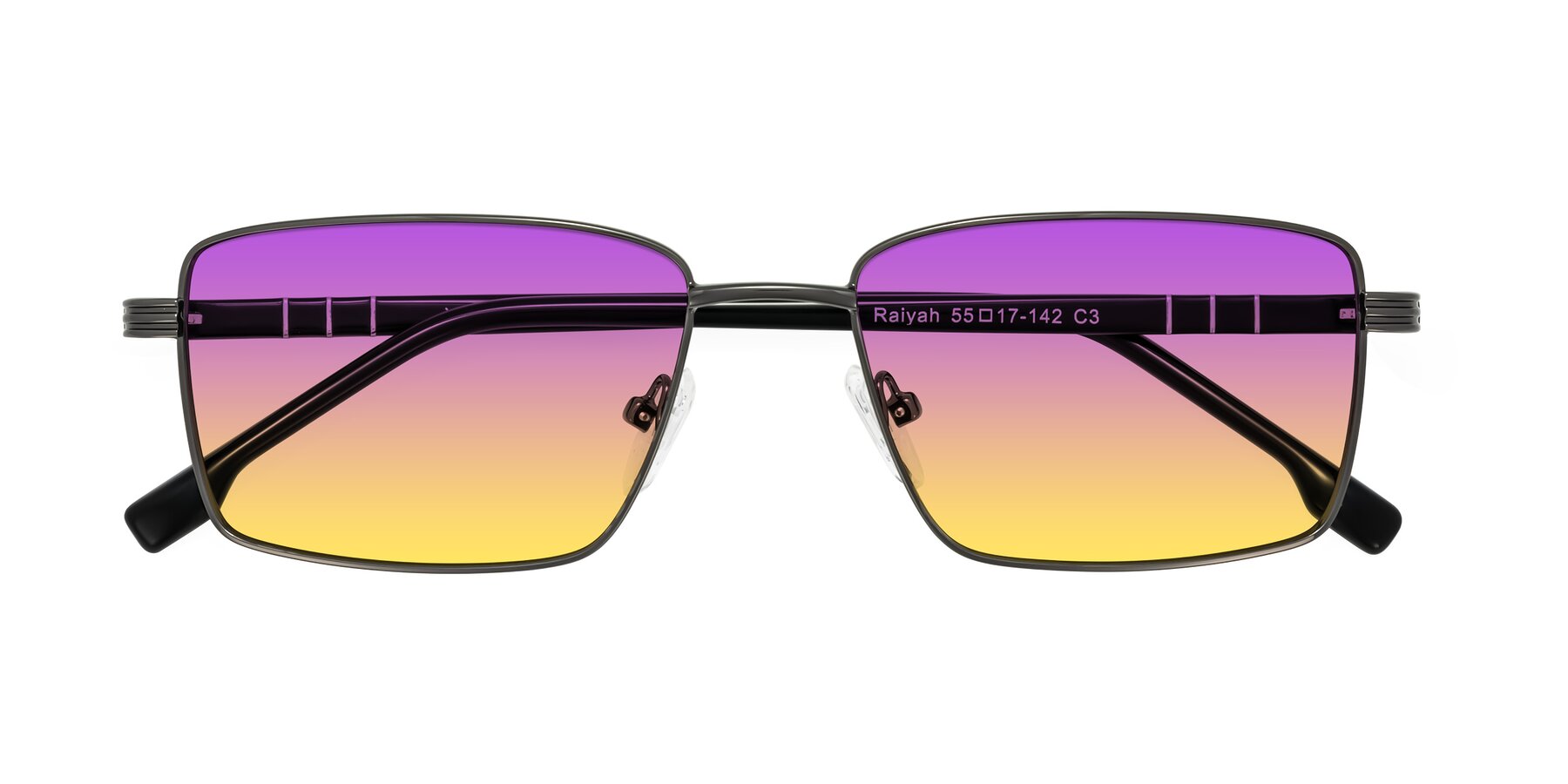 Folded Front of Raiyah in Gunmetal/Black with Purple / Yellow Gradient Lenses