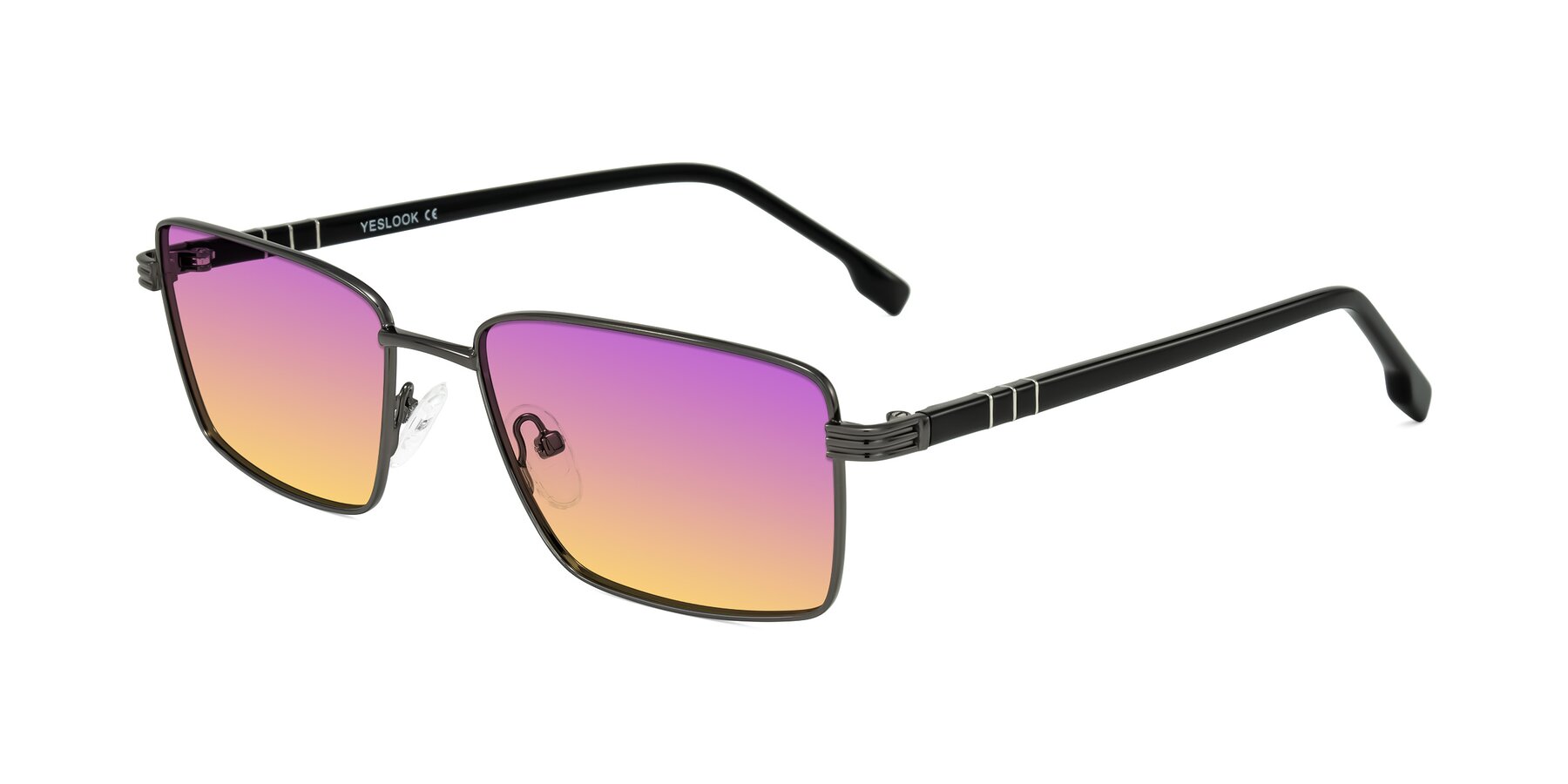 Angle of Raiyah in Gunmetal/Black with Purple / Yellow Gradient Lenses