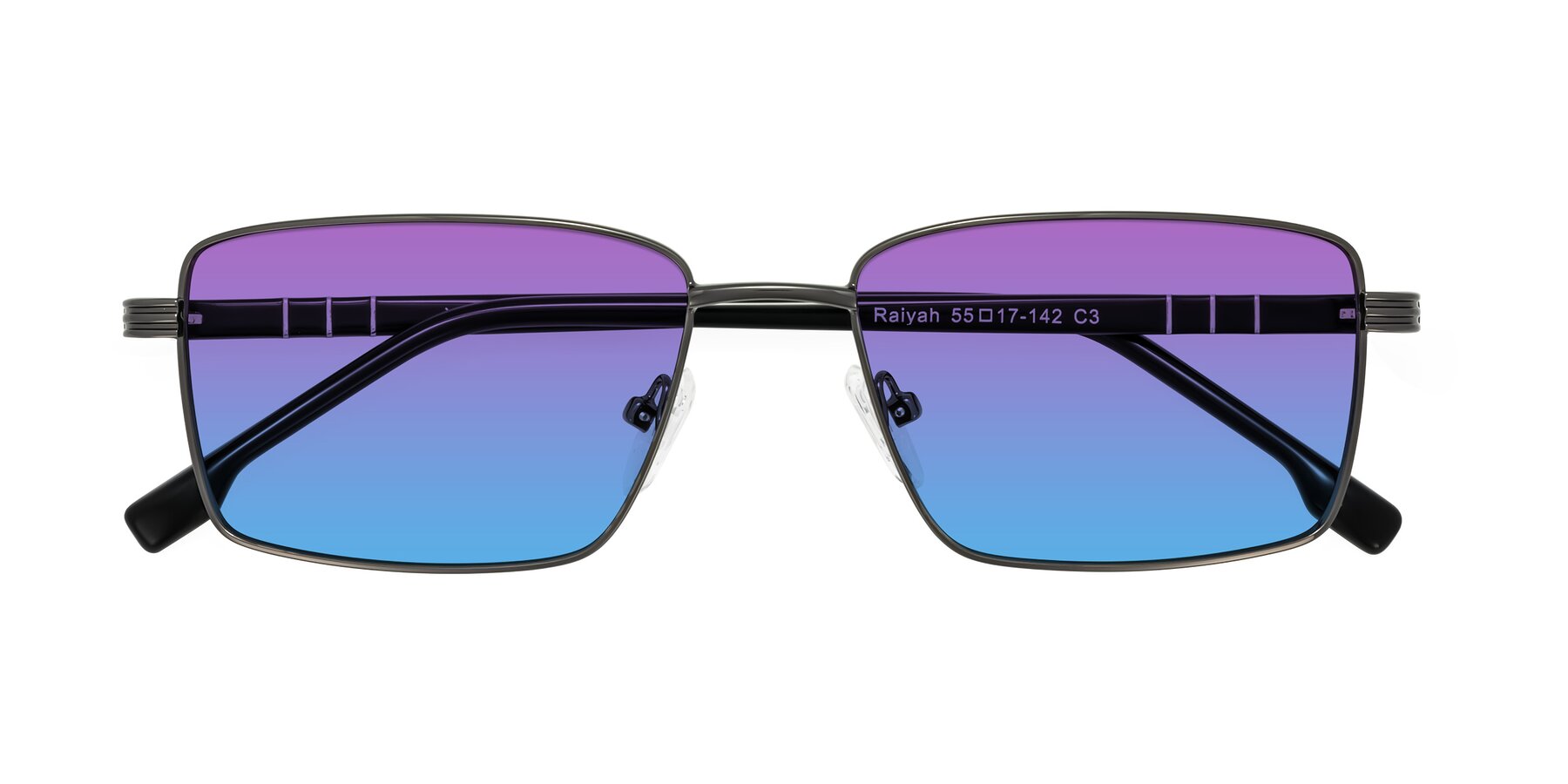 Folded Front of Raiyah in Gunmetal/Black with Purple / Blue Gradient Lenses