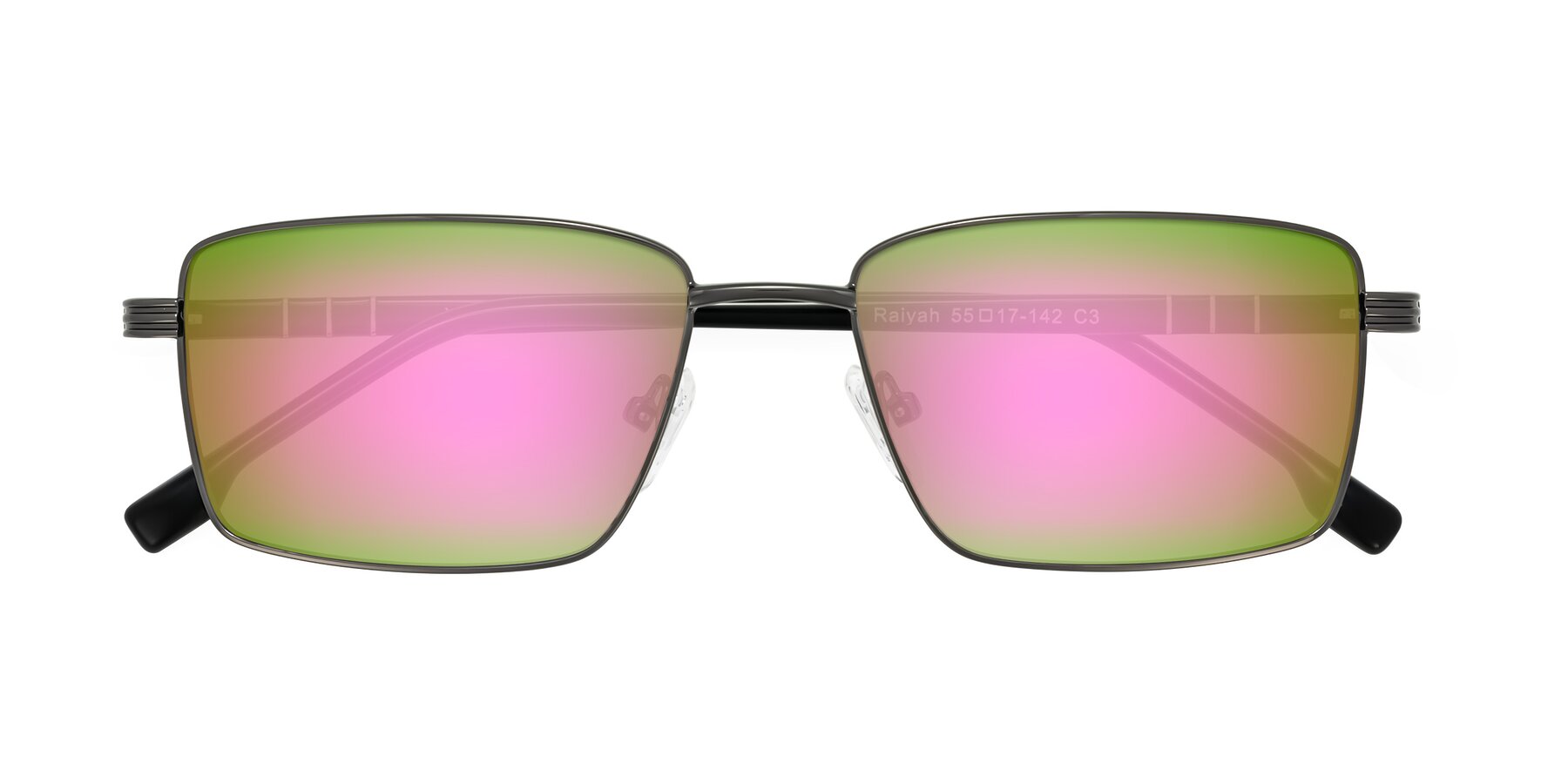Folded Front of Raiyah in Gunmetal/Black with Pink Mirrored Lenses