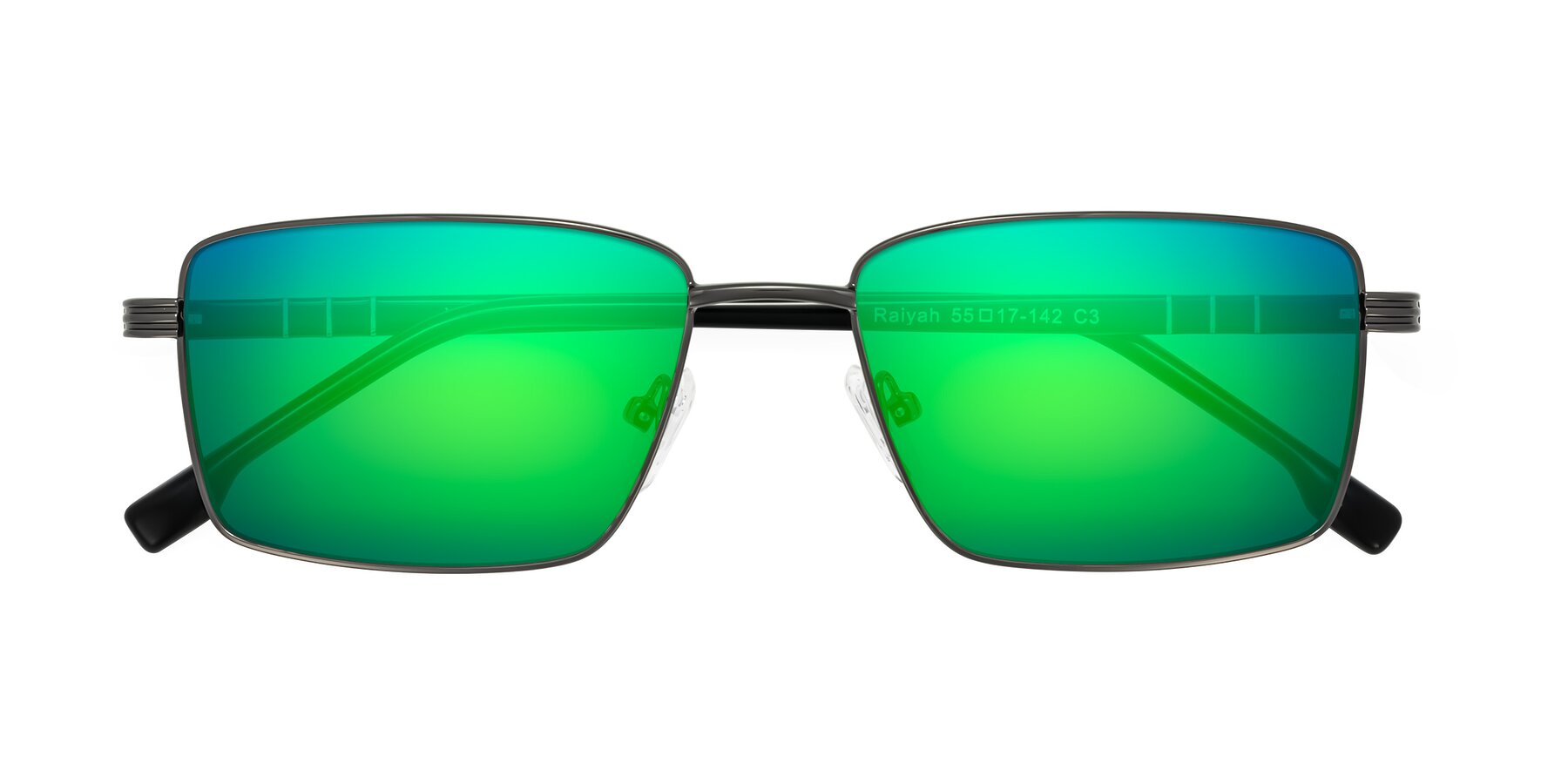 Folded Front of Raiyah in Gunmetal/Black with Green Mirrored Lenses