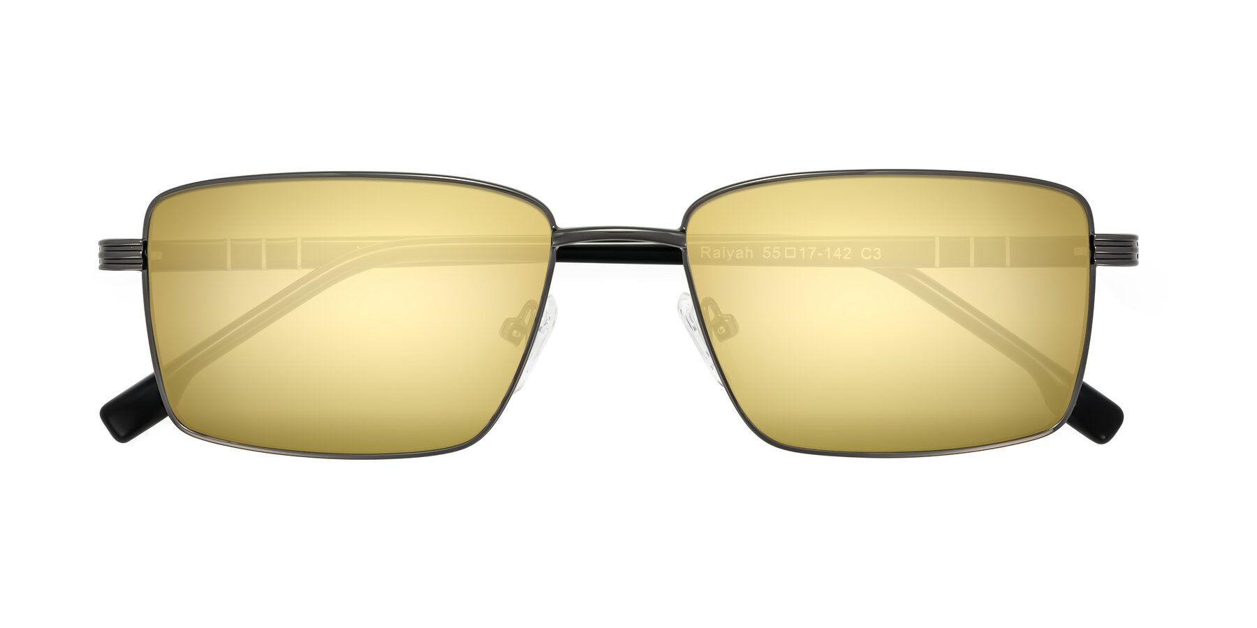 Folded Front of Raiyah in Gunmetal/Black with Gold Mirrored Lenses