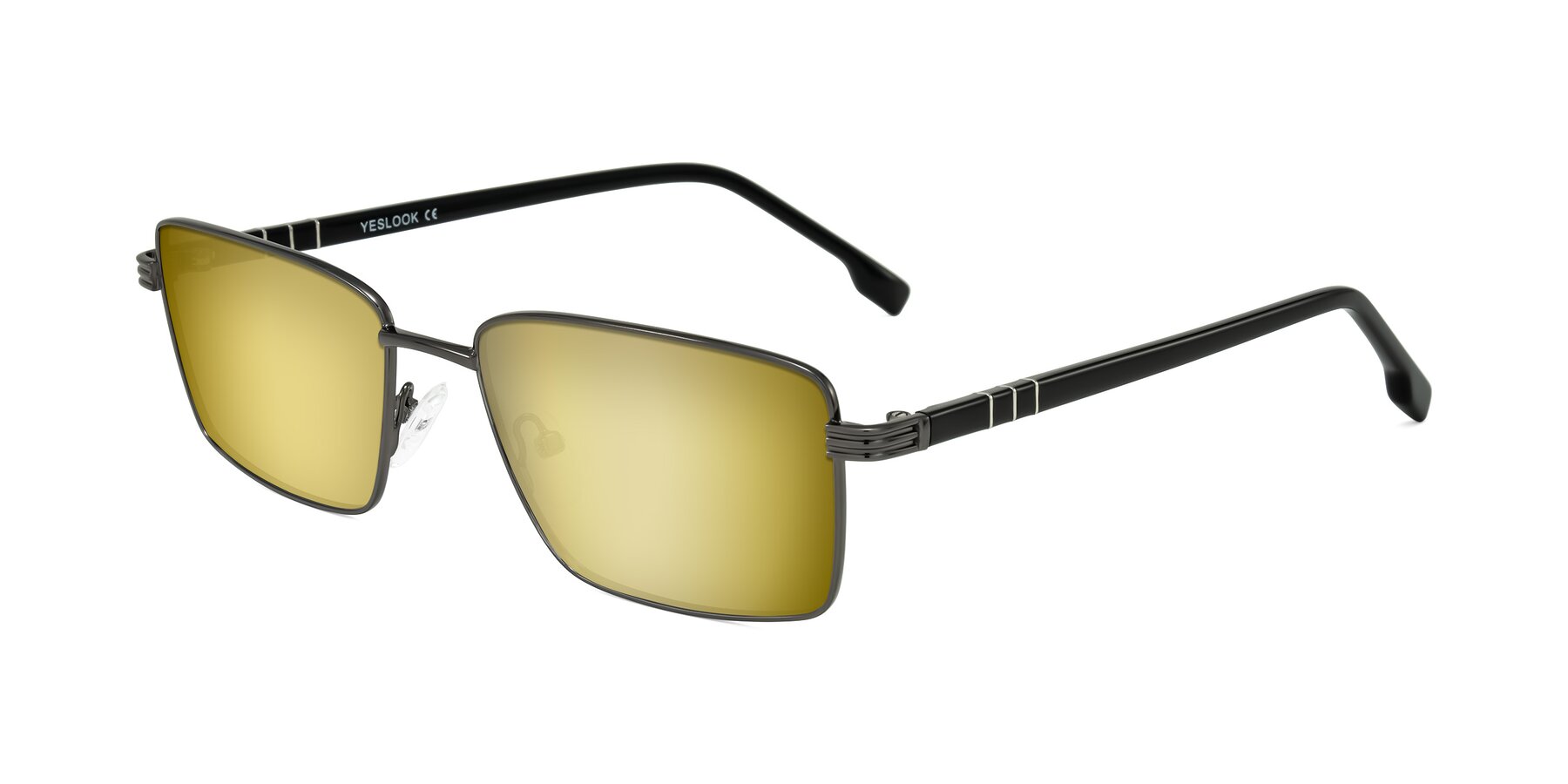 Angle of Raiyah in Gunmetal/Black with Gold Mirrored Lenses