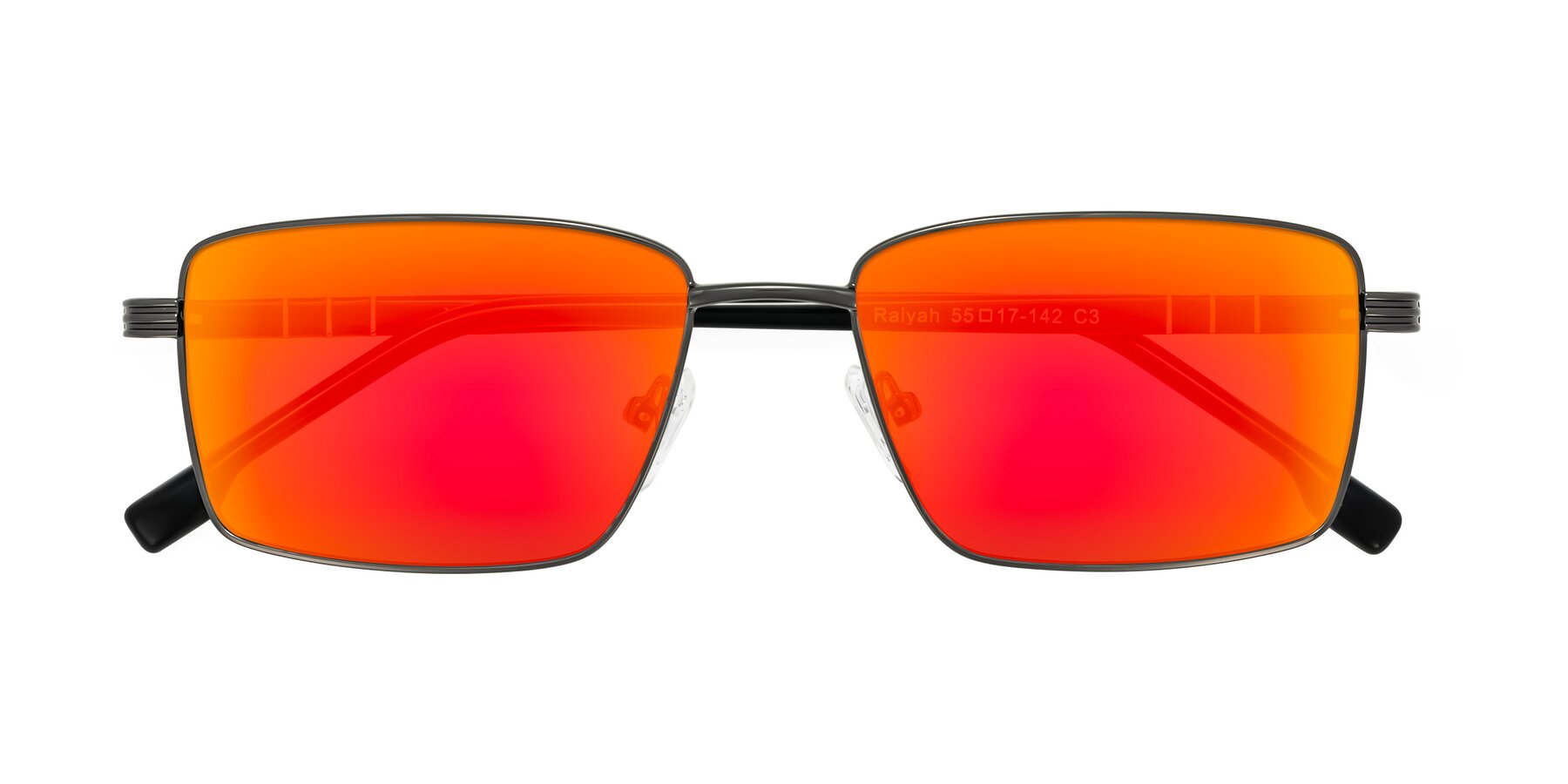 Folded Front of Raiyah in Gunmetal/Black with Red Gold Mirrored Lenses