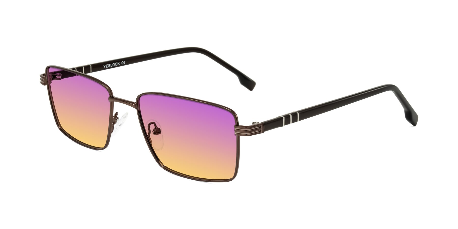 Angle of Raiyah in Bronze/Dark Brown with Purple / Yellow Gradient Lenses