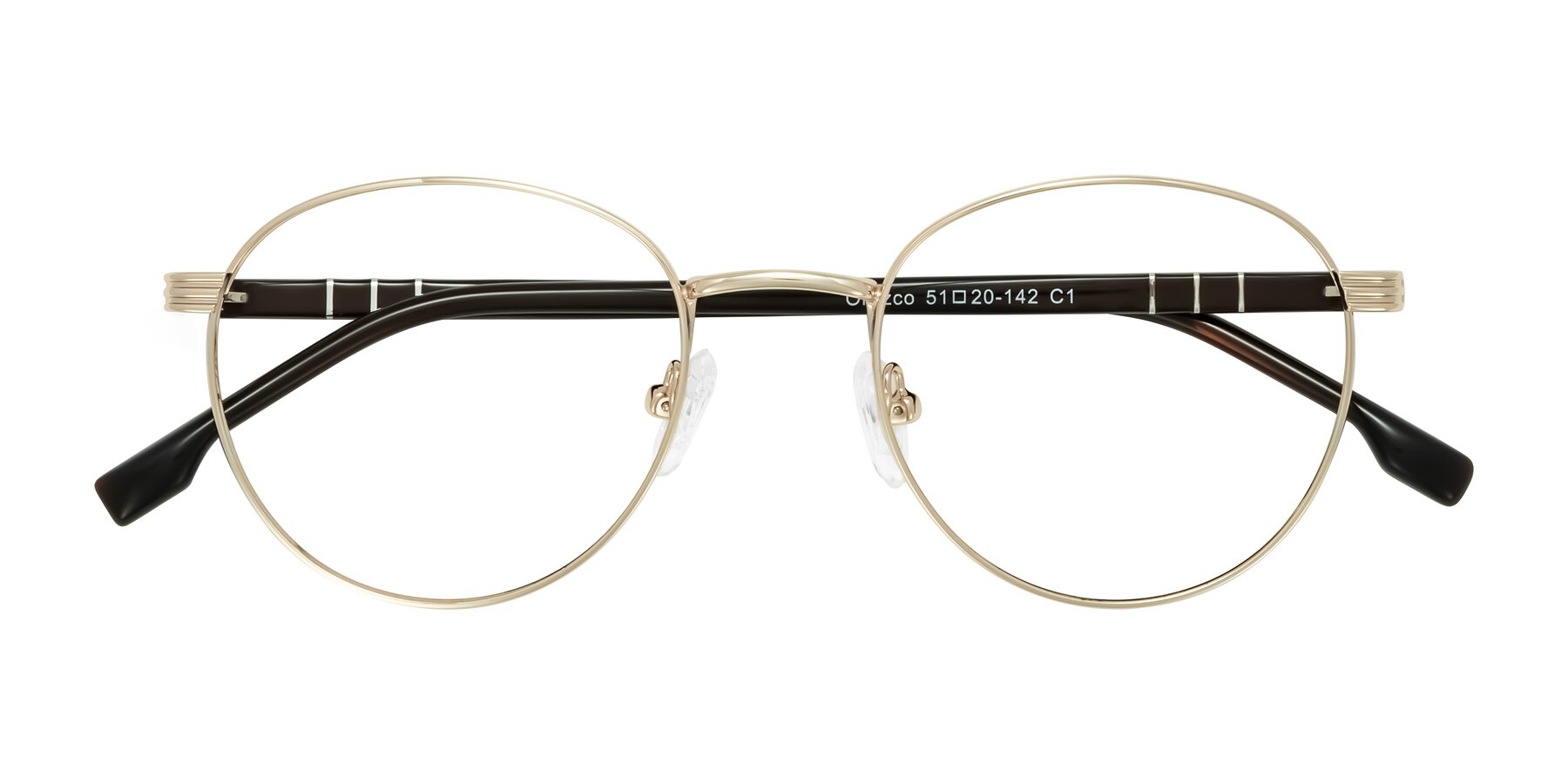 Folded Front of Orozco in Gold/Dark Brown with Clear Blue Light Blocking Lenses