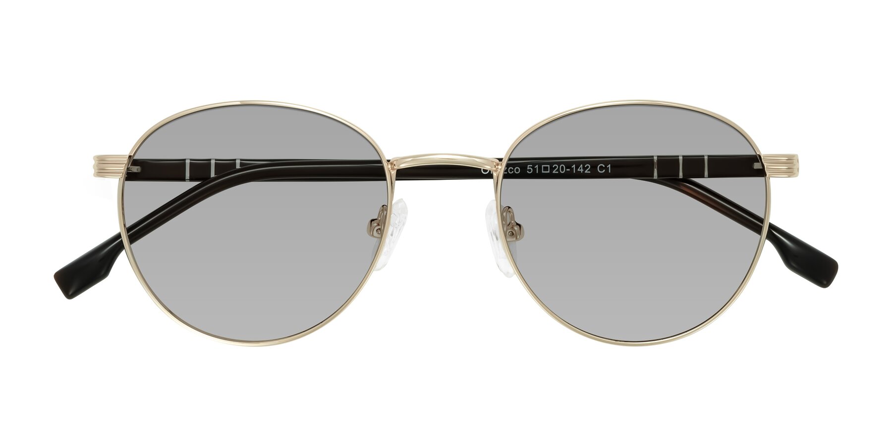 Folded Front of Orozco in Gold/Dark Brown with Light Gray Tinted Lenses