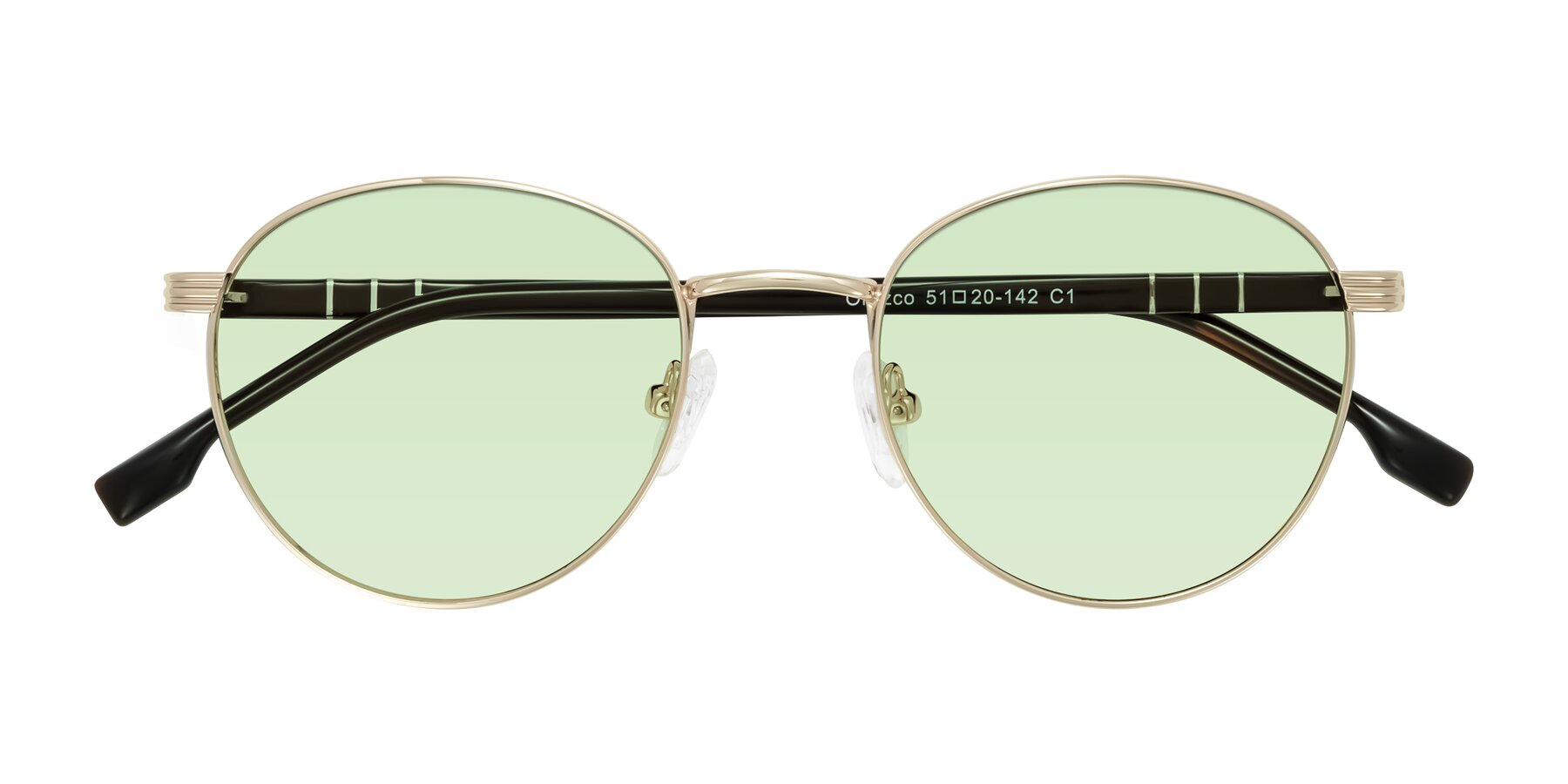 Folded Front of Orozco in Gold/Dark Brown with Light Green Tinted Lenses