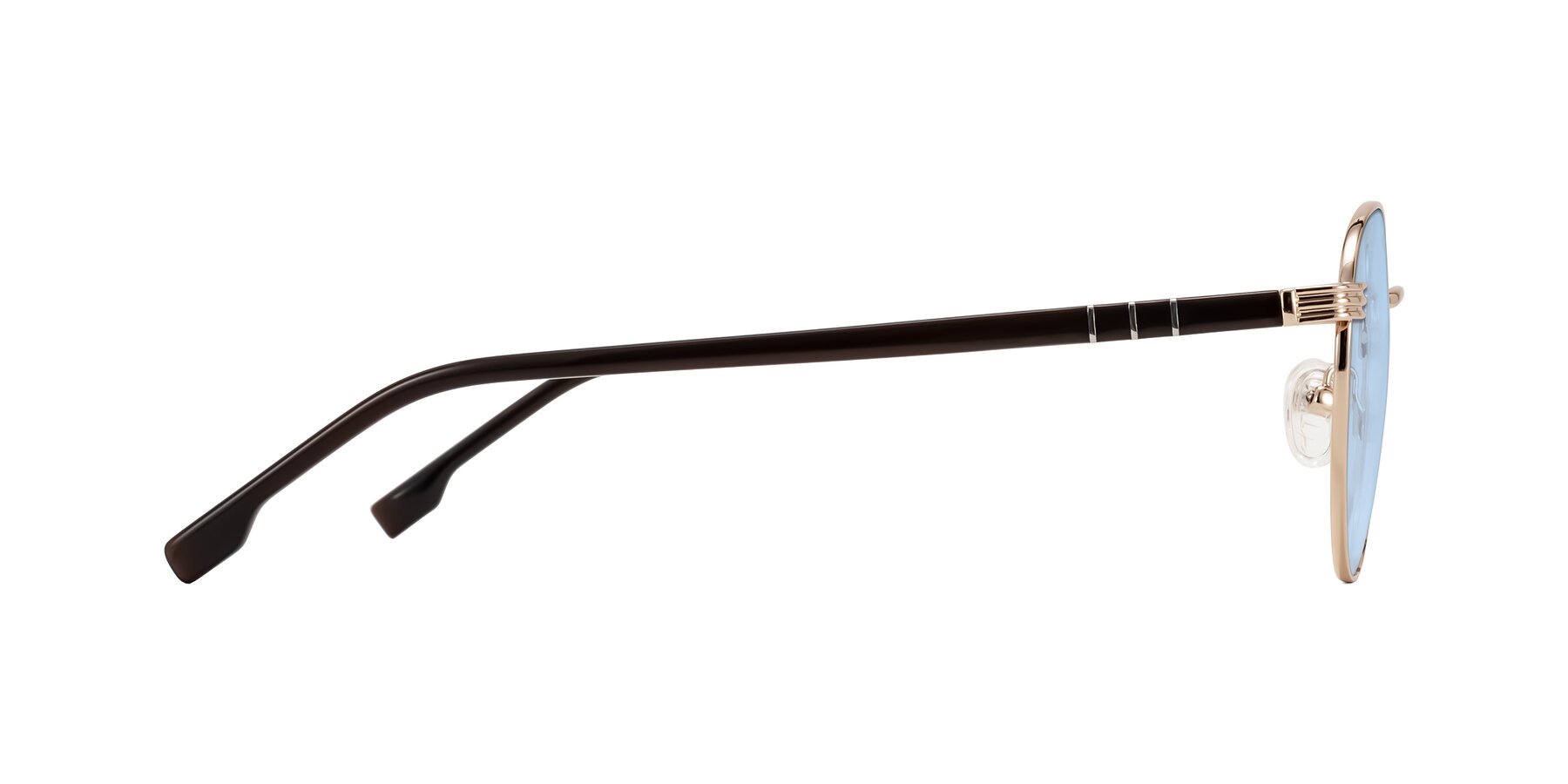 Side of Orozco in Gold/Dark Brown with Light Blue Tinted Lenses