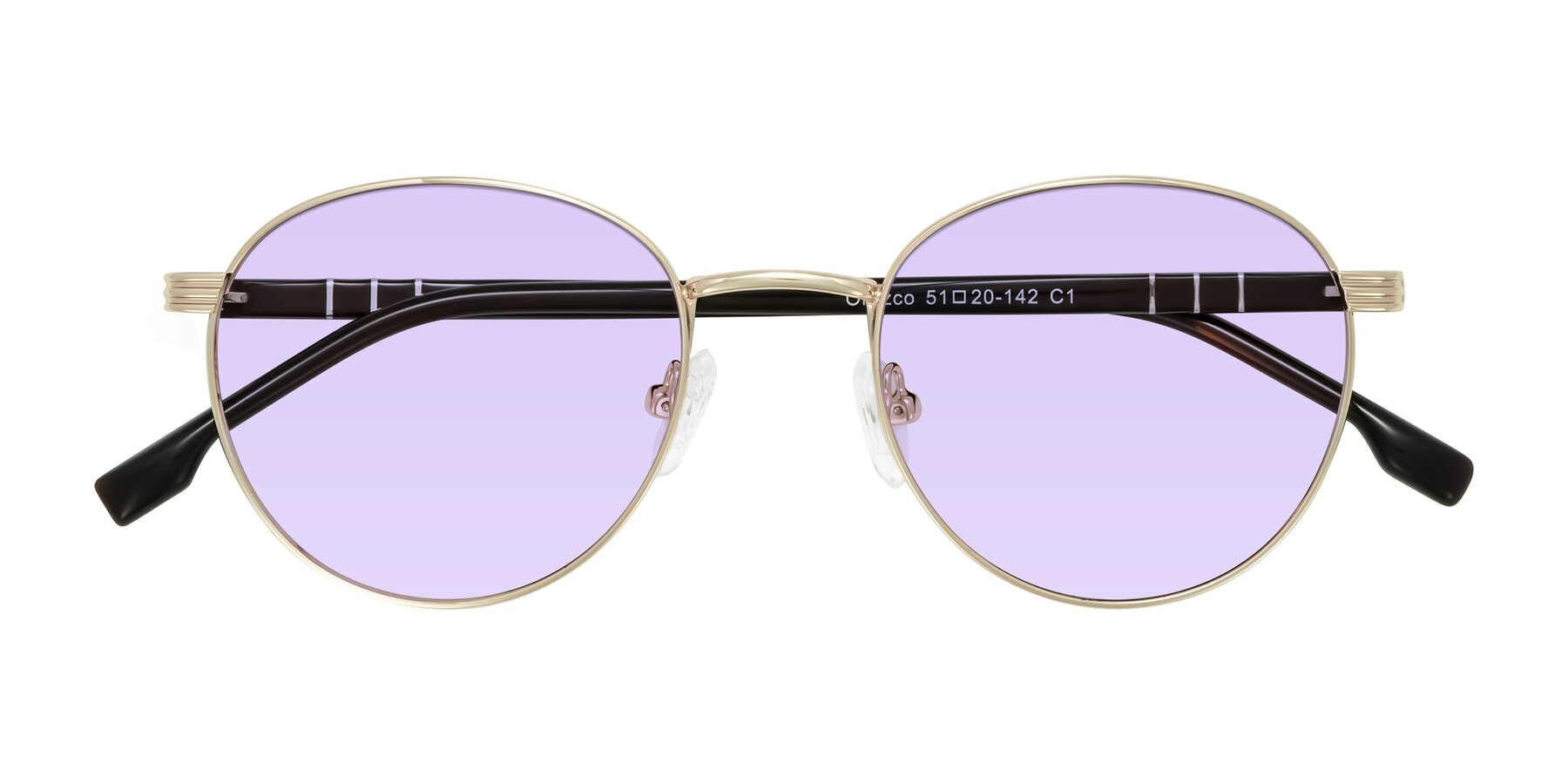 Folded Front of Orozco in Gold/Dark Brown with Light Purple Tinted Lenses