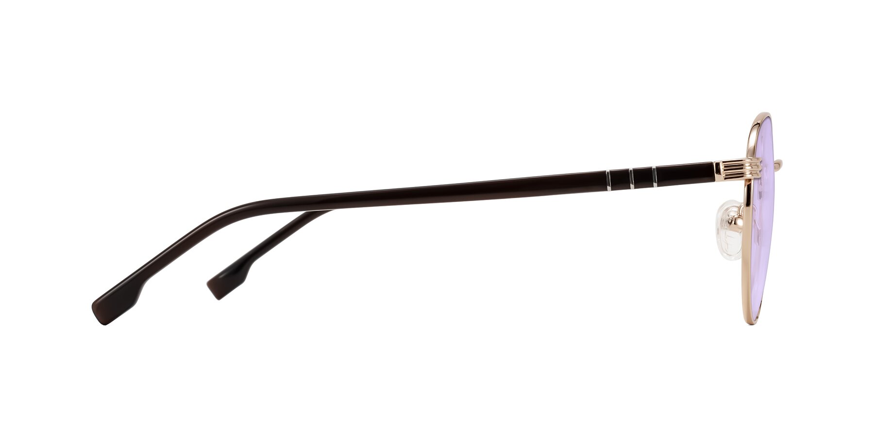 Side of Orozco in Gold/Dark Brown with Light Purple Tinted Lenses