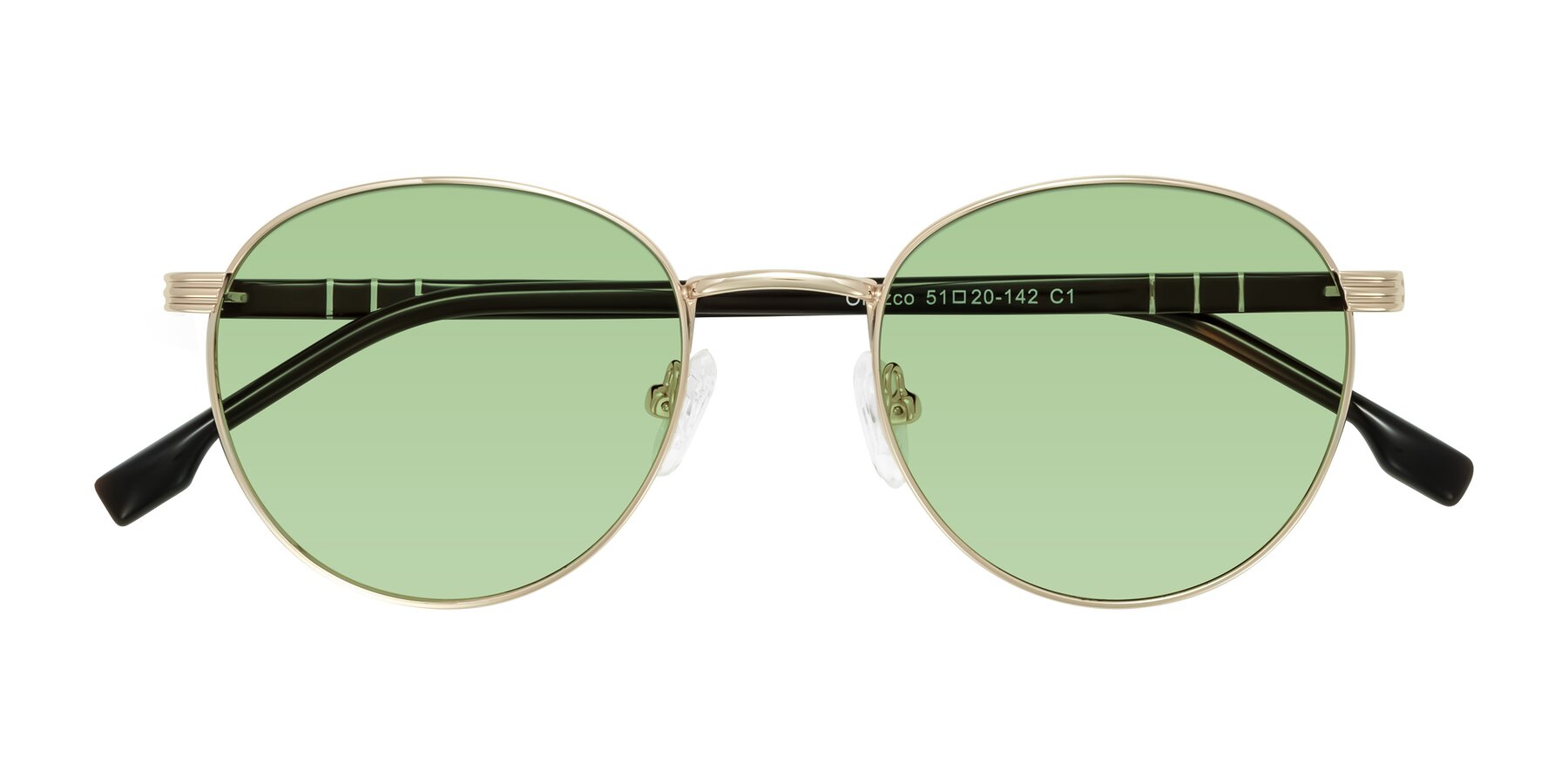 Folded Front of Orozco in Gold/Dark Brown with Medium Green Tinted Lenses