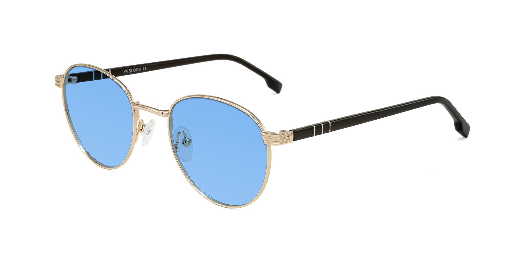 Angle of Orozco in Gold/Dark Brown with Medium Blue Tinted Lenses