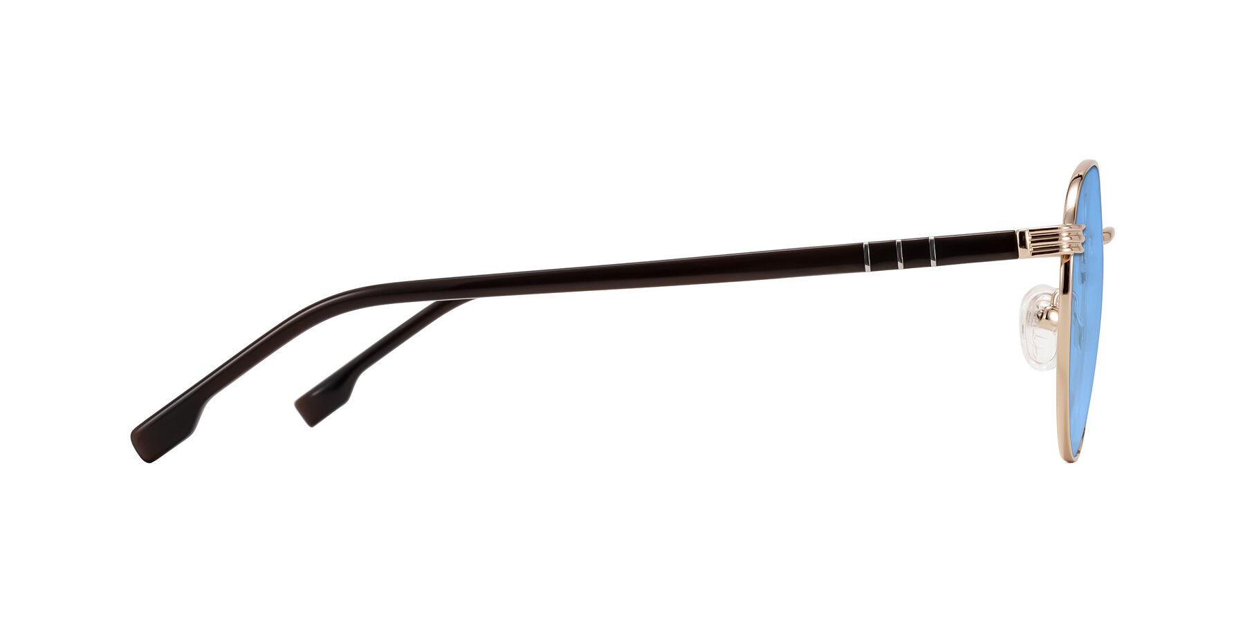 Side of Orozco in Gold/Dark Brown with Medium Blue Tinted Lenses
