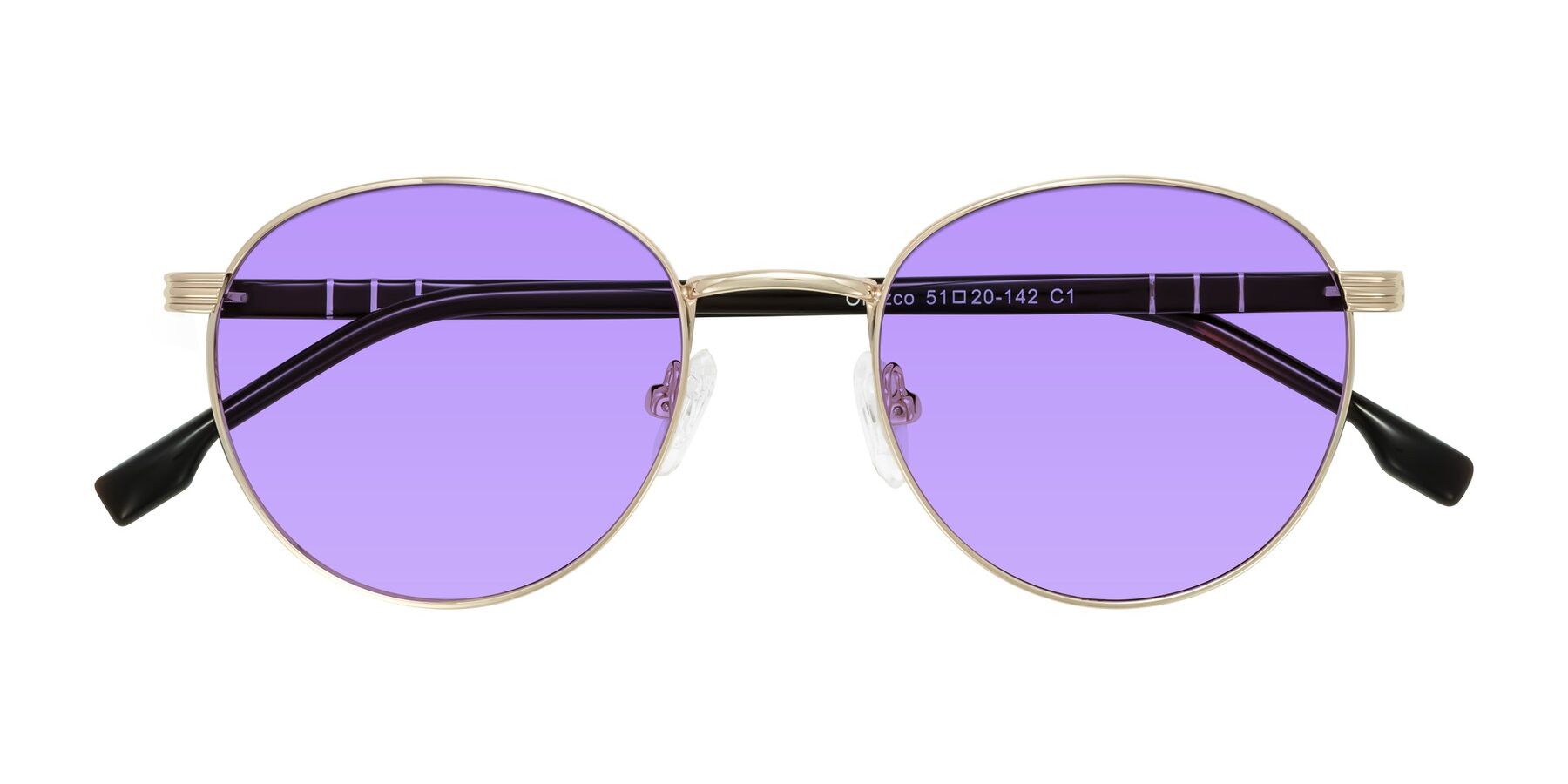 Folded Front of Orozco in Gold/Dark Brown with Medium Purple Tinted Lenses