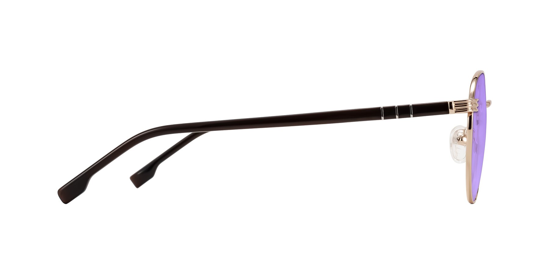 Side of Orozco in Gold/Dark Brown with Medium Purple Tinted Lenses
