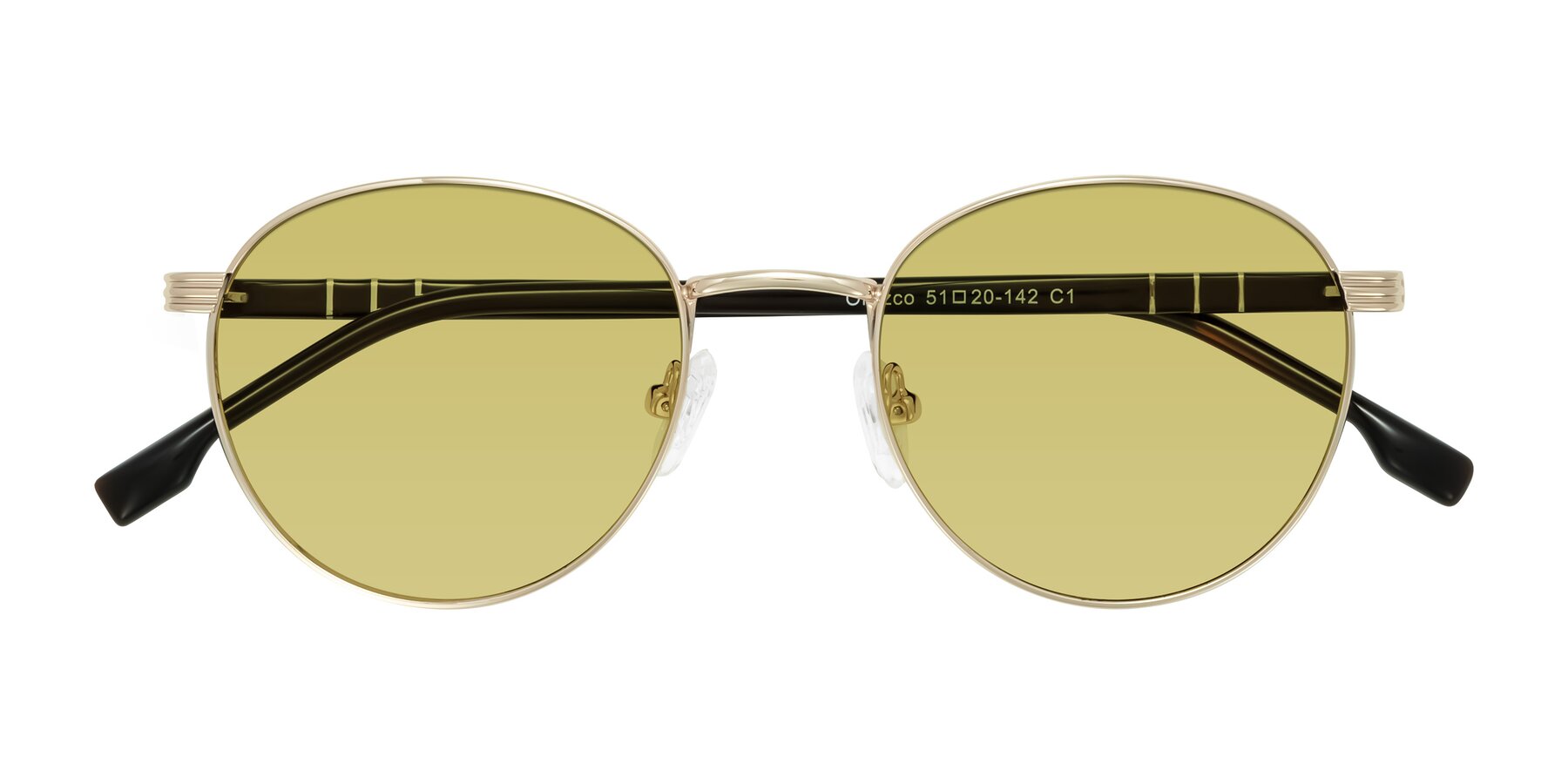 Folded Front of Orozco in Gold/Dark Brown with Medium Champagne Tinted Lenses