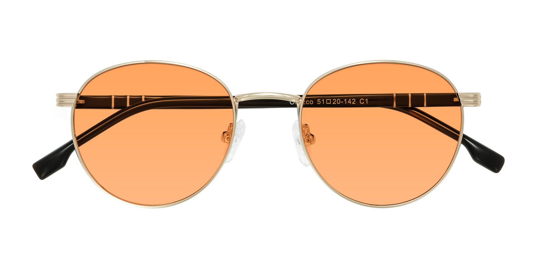 Folded Front of Orozco in Gold/Dark Brown with Medium Orange Tinted Lenses