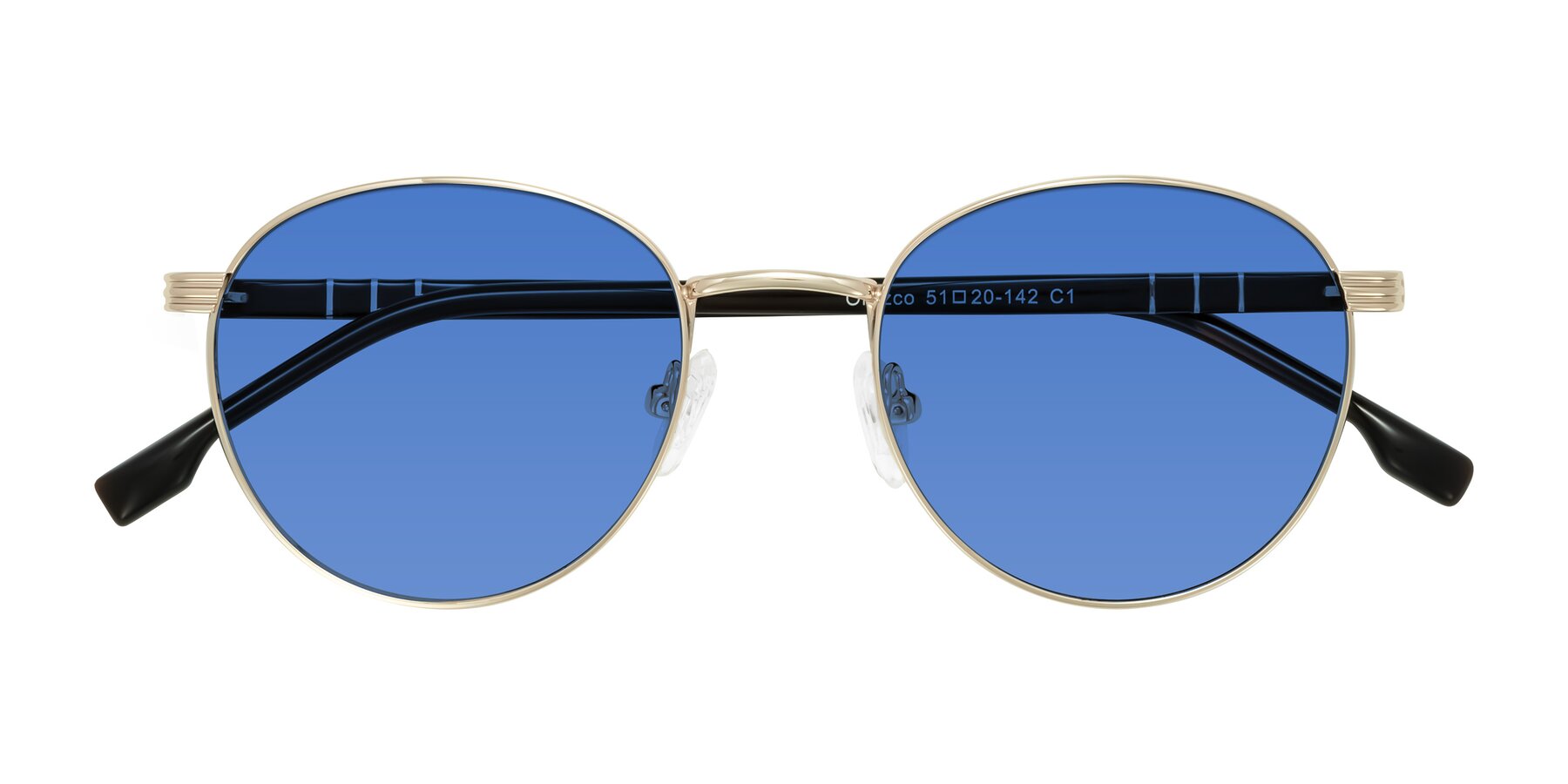 Folded Front of Orozco in Gold/Dark Brown with Blue Tinted Lenses