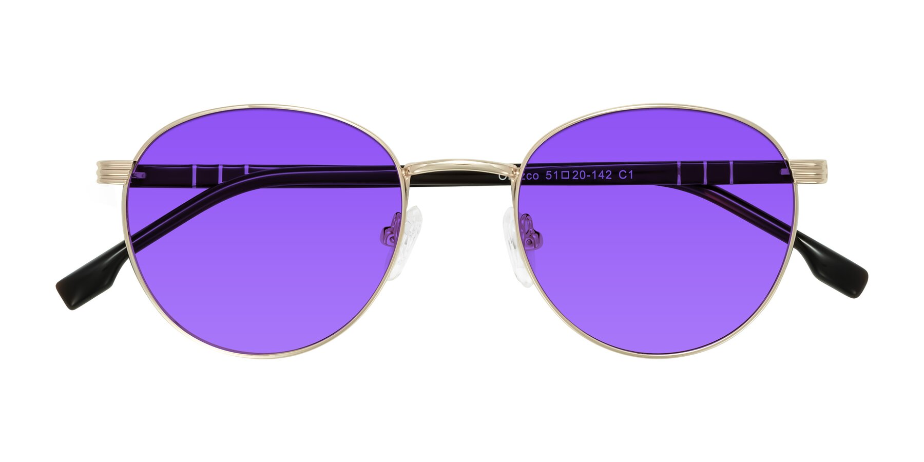 Folded Front of Orozco in Gold/Dark Brown with Purple Tinted Lenses