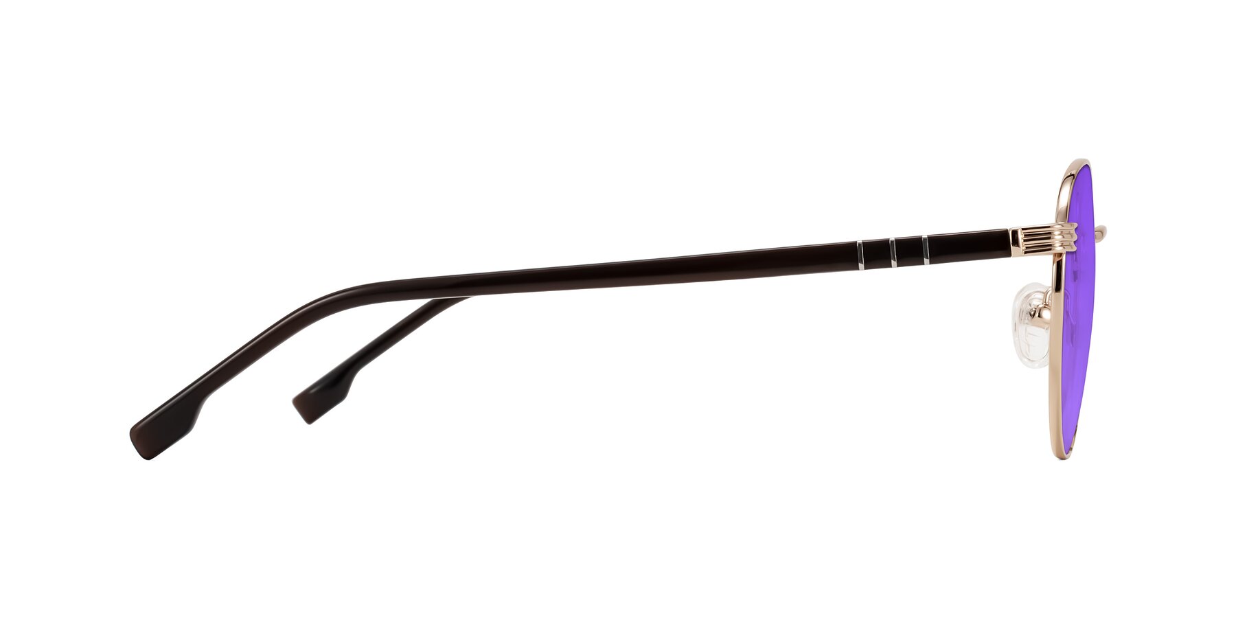 Side of Orozco in Gold/Dark Brown with Purple Tinted Lenses