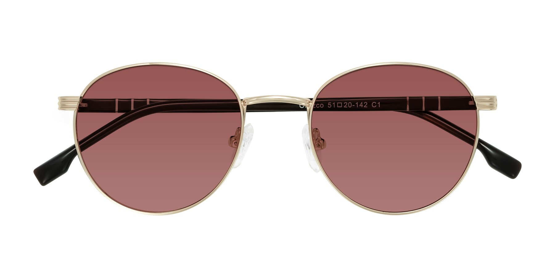 Folded Front of Orozco in Gold/Dark Brown with Garnet Tinted Lenses