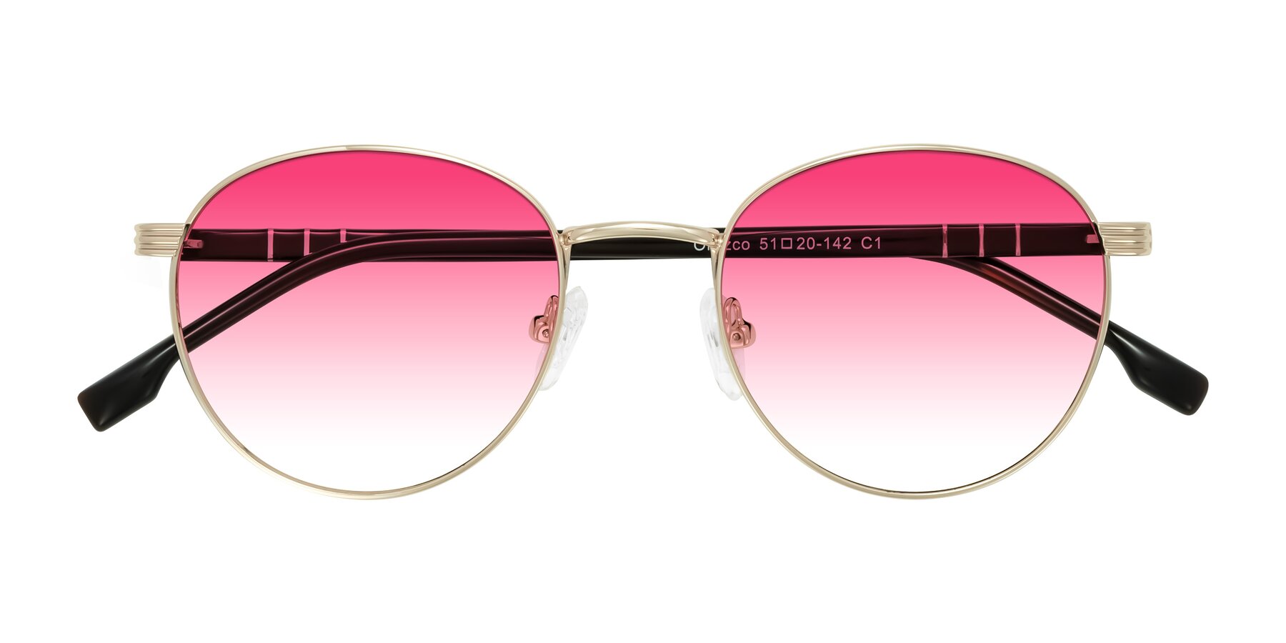 Folded Front of Orozco in Gold/Dark Brown with Pink Gradient Lenses