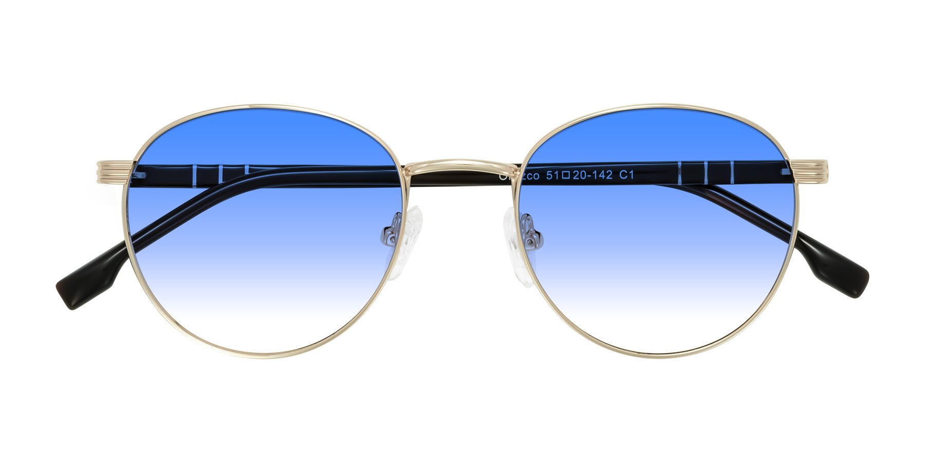 Folded Front of Orozco in Gold/Dark Brown with Blue Gradient Lenses