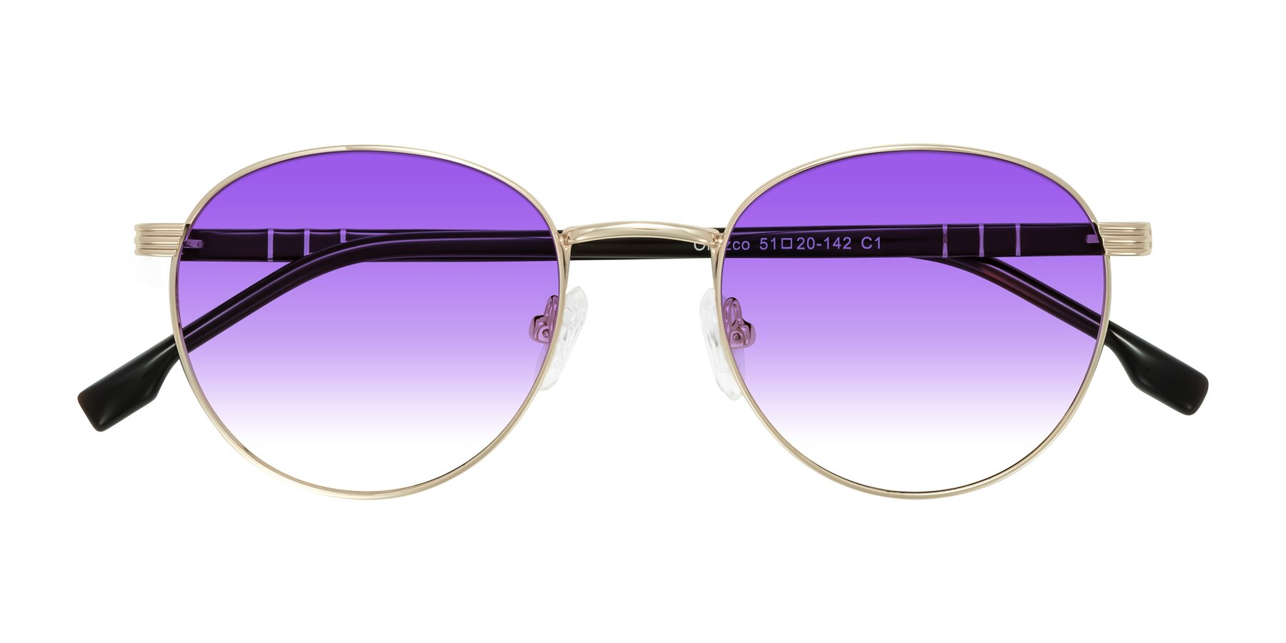 Folded Front of Orozco in Gold/Dark Brown with Purple Gradient Lenses