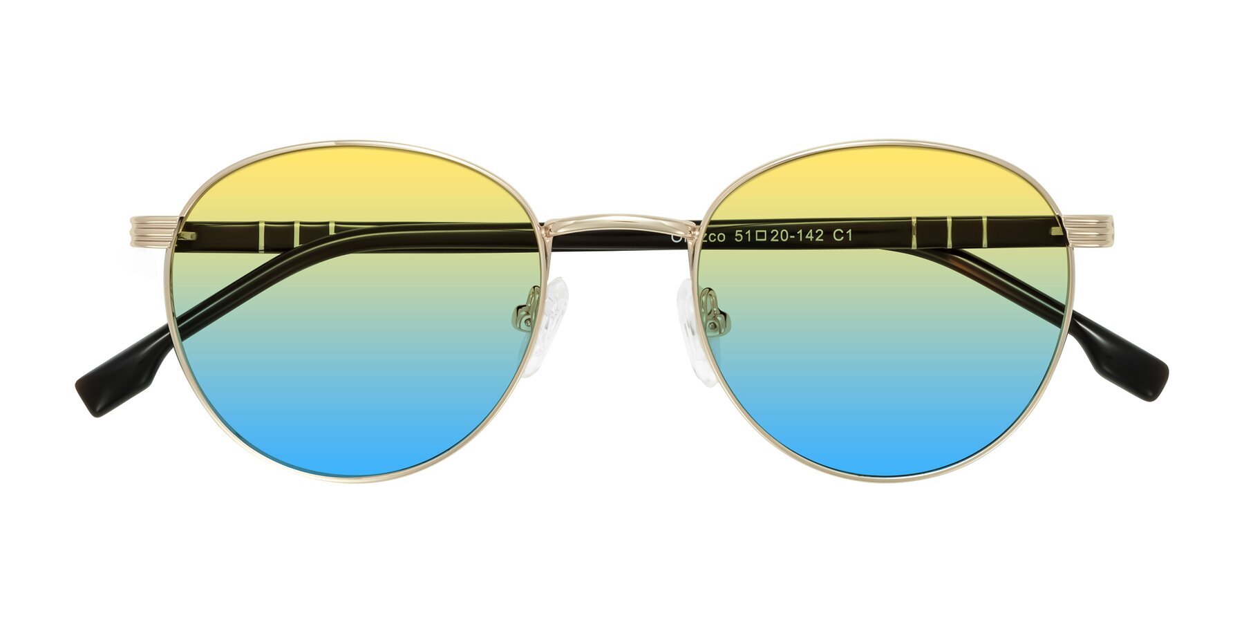 Folded Front of Orozco in Gold/Dark Brown with Yellow / Blue Gradient Lenses