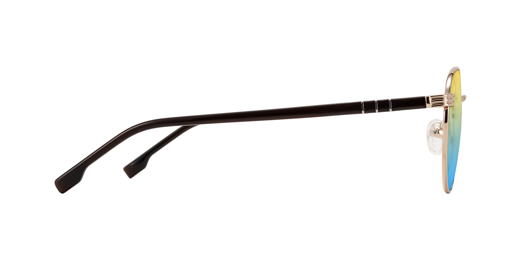 Side of Orozco in Gold/Dark Brown with Yellow / Blue Gradient Lenses