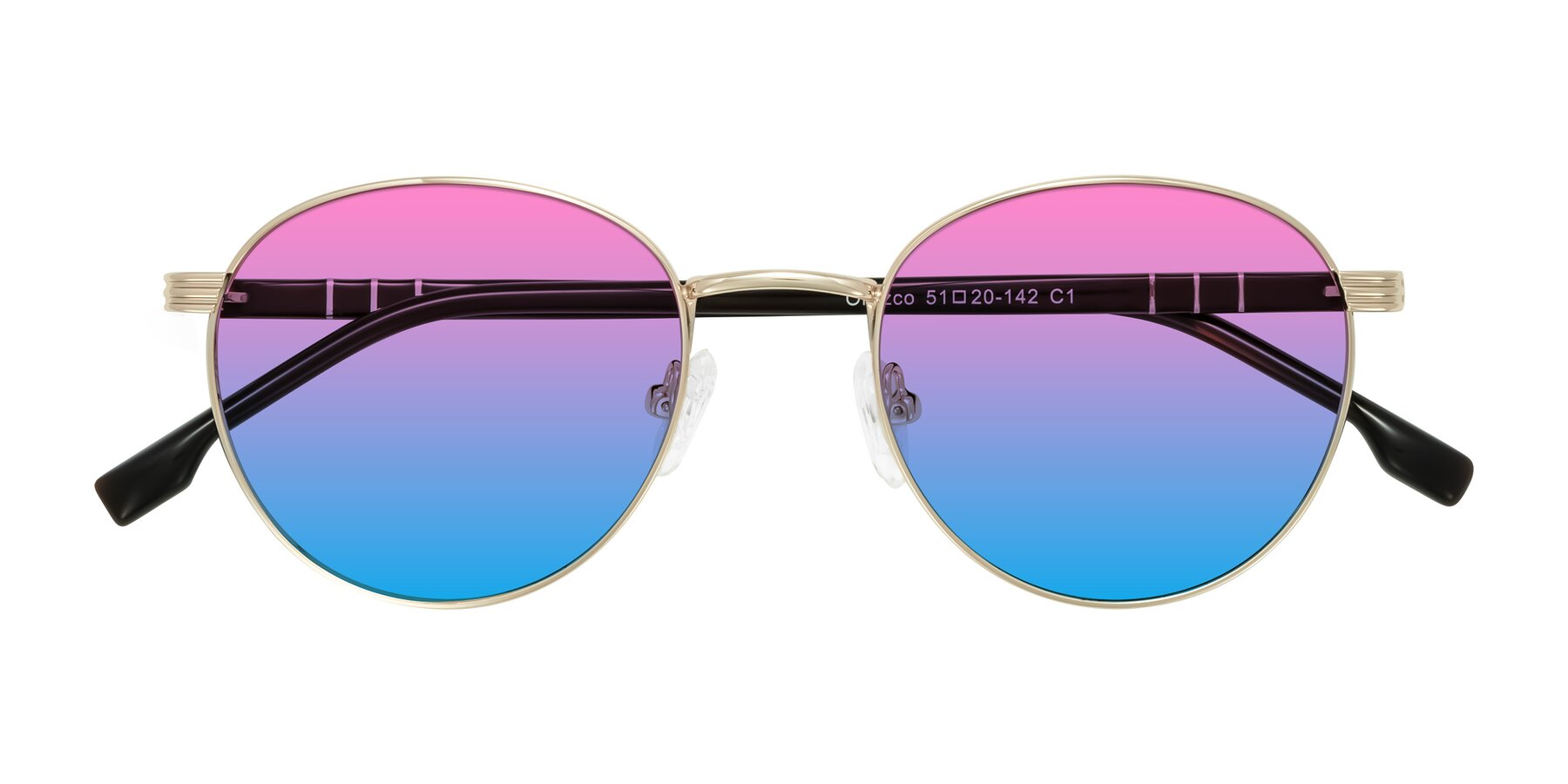 Folded Front of Orozco in Gold/Dark Brown with Pink / Blue Gradient Lenses