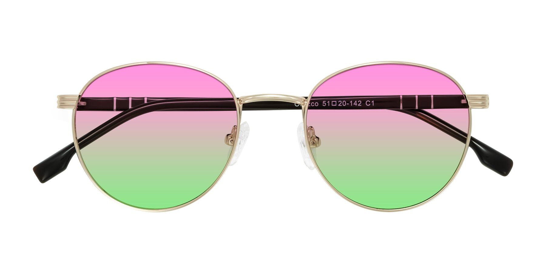 Folded Front of Orozco in Gold/Dark Brown with Pink / Green Gradient Lenses
