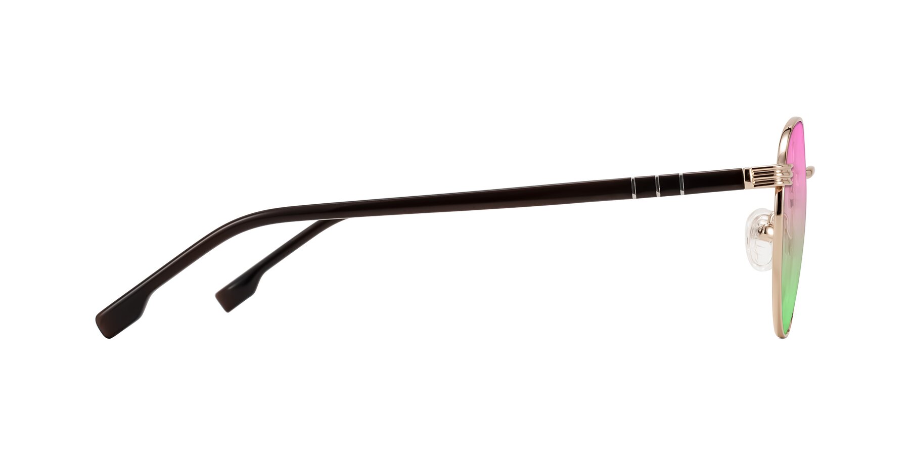 Side of Orozco in Gold/Dark Brown with Pink / Green Gradient Lenses