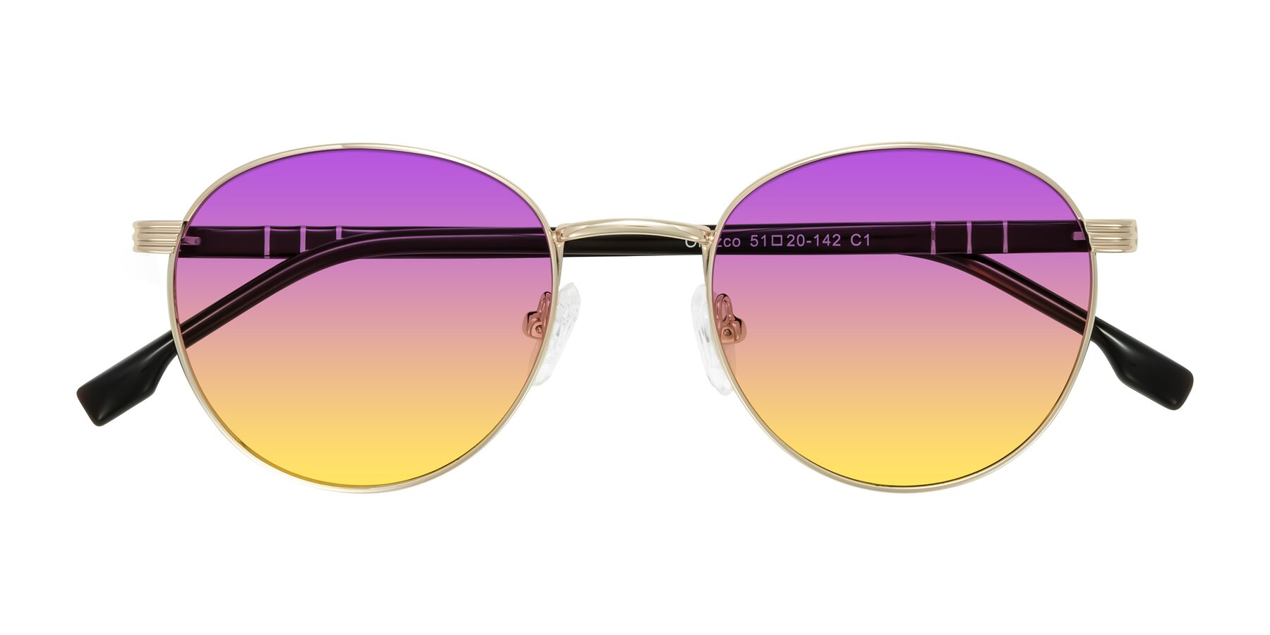 Folded Front of Orozco in Gold/Dark Brown with Purple / Yellow Gradient Lenses
