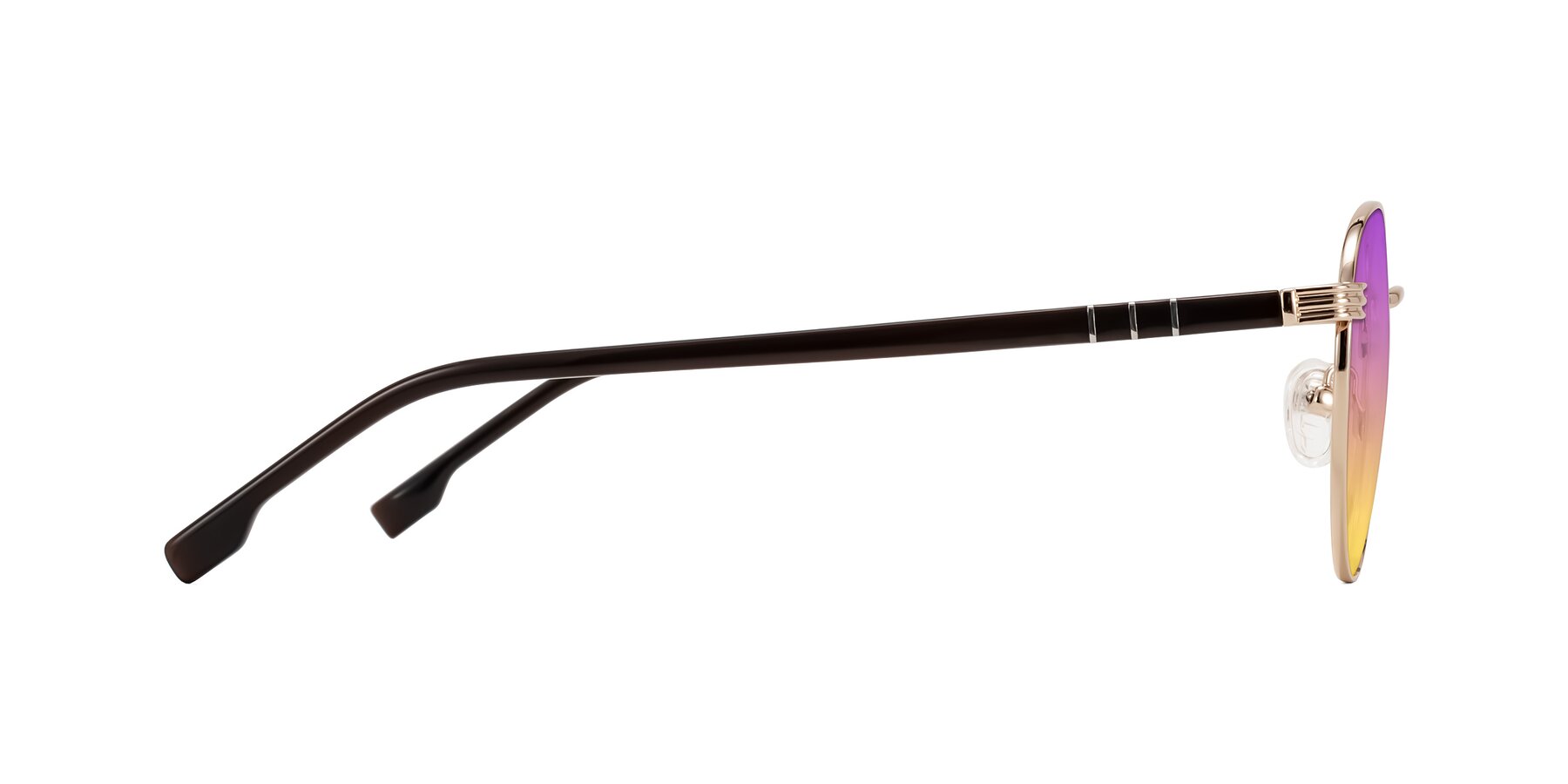 Side of Orozco in Gold/Dark Brown with Purple / Yellow Gradient Lenses