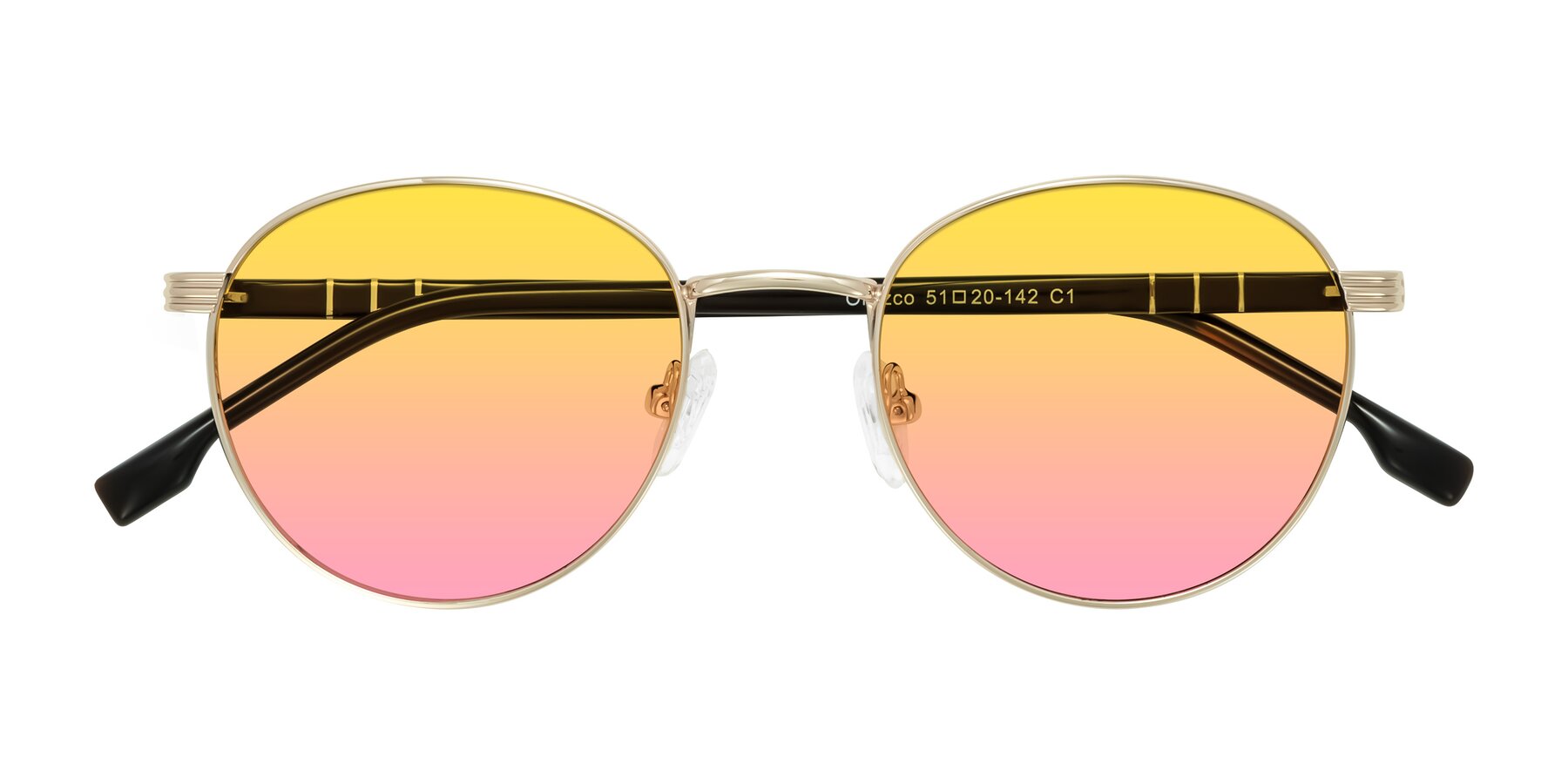 Folded Front of Orozco in Gold/Dark Brown with Yellow / Pink Gradient Lenses
