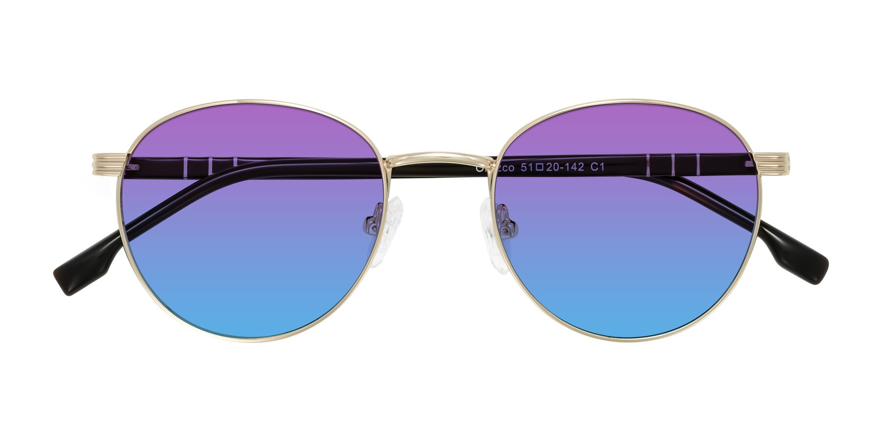 Folded Front of Orozco in Gold/Dark Brown with Purple / Blue Gradient Lenses