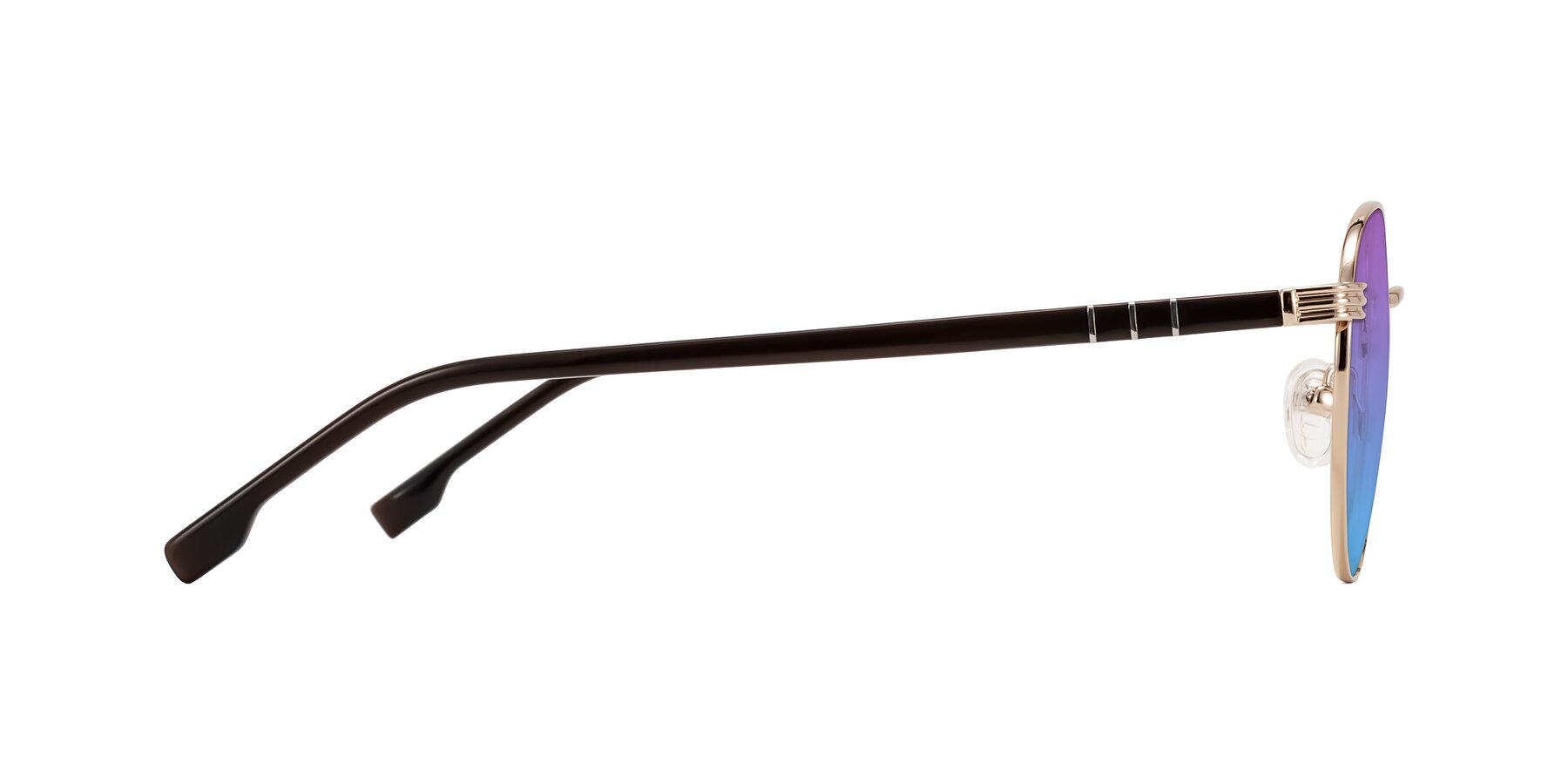 Side of Orozco in Gold/Dark Brown with Purple / Blue Gradient Lenses