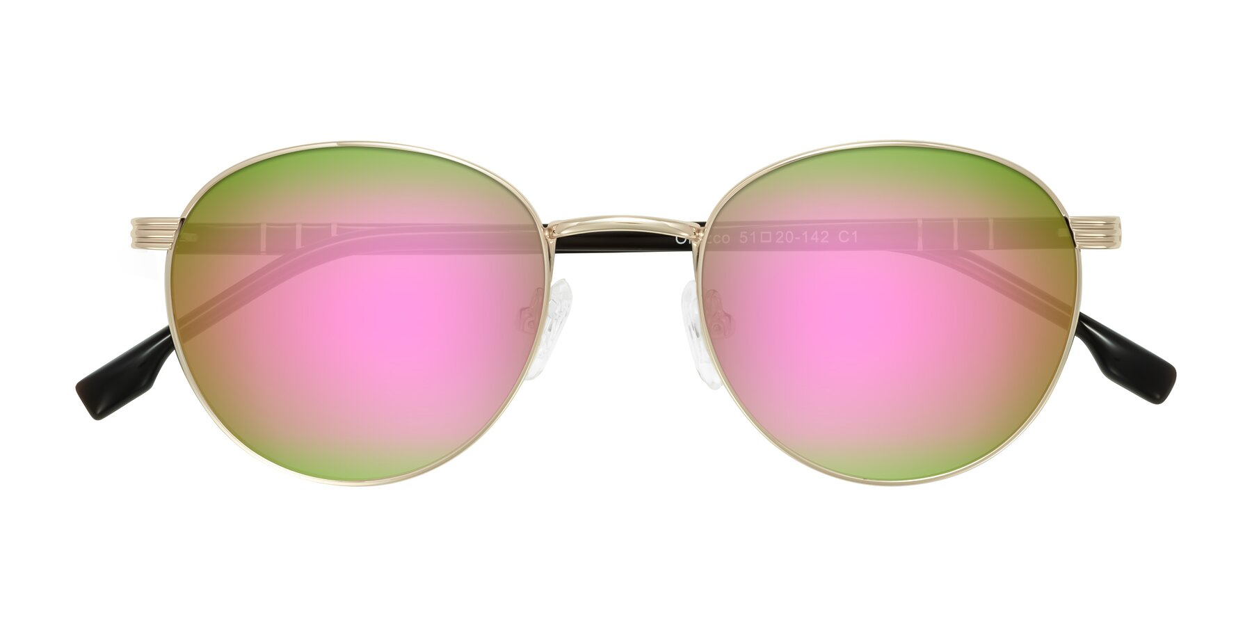 Folded Front of Orozco in Gold/Dark Brown with Pink Mirrored Lenses