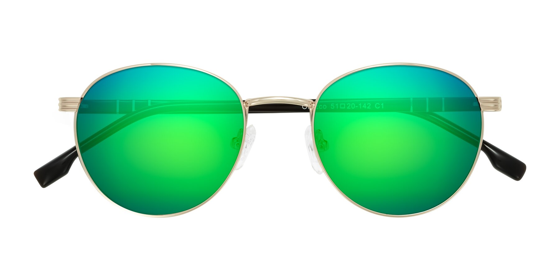 Folded Front of Orozco in Gold/Dark Brown with Green Mirrored Lenses