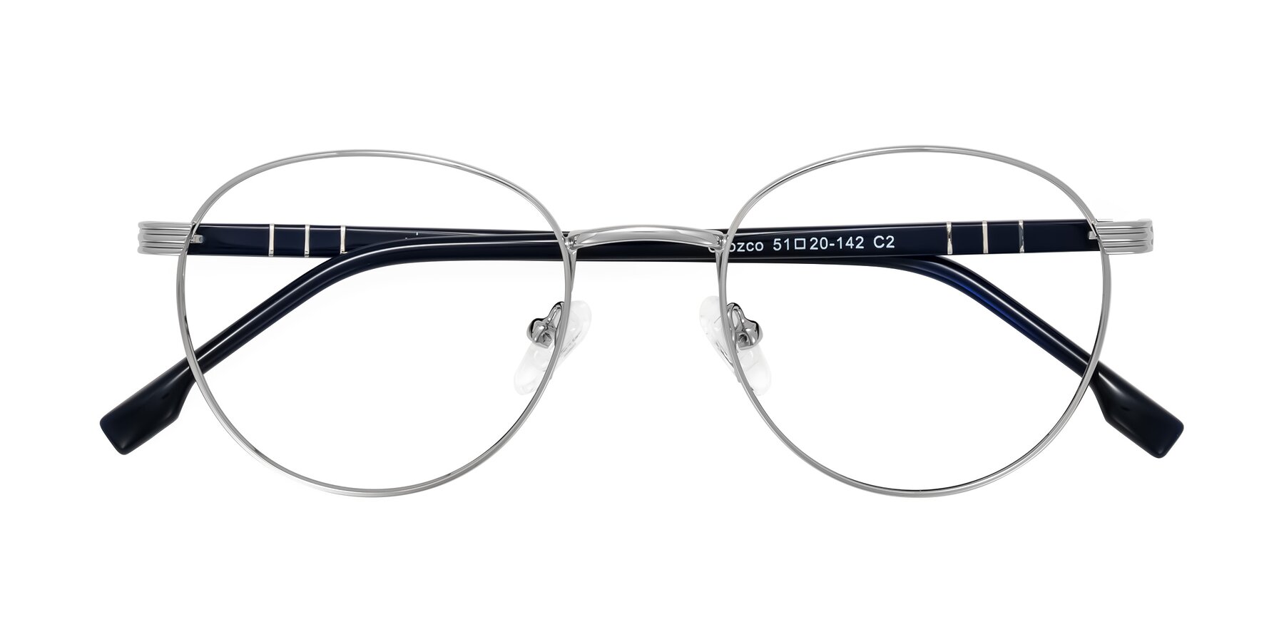 Folded Front of Orozco in Silver/Dark Blue with Clear Blue Light Blocking Lenses