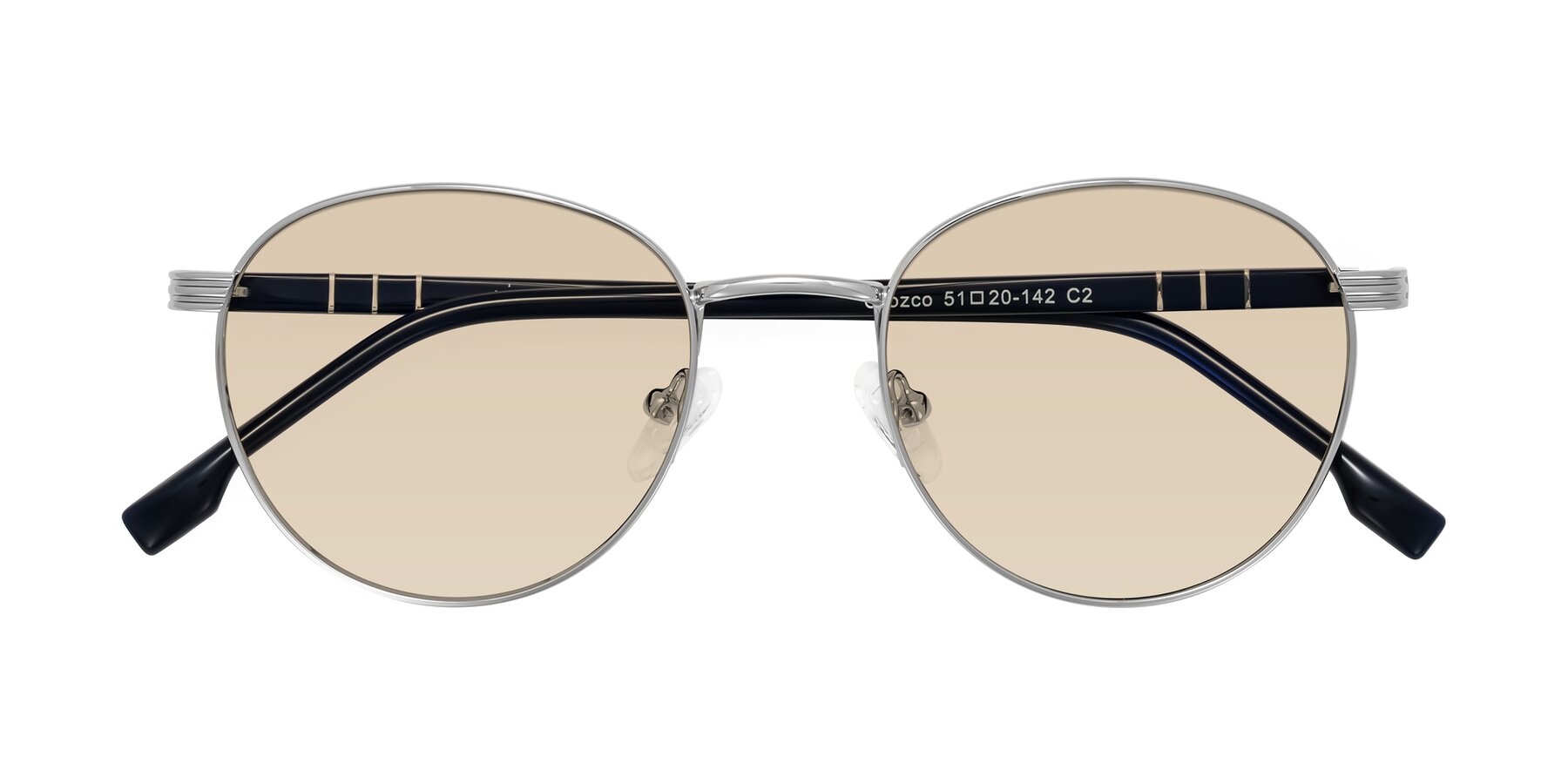 Folded Front of Orozco in Silver/Dark Blue with Light Brown Tinted Lenses