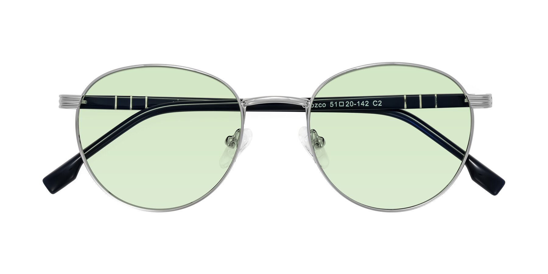 Folded Front of Orozco in Silver/Dark Blue with Light Green Tinted Lenses